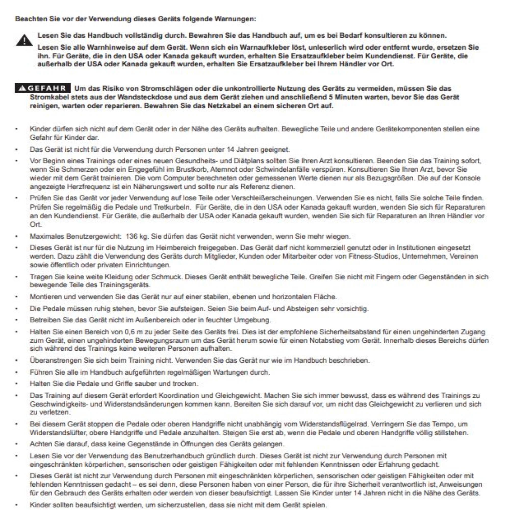Eine Seite mit Sicherheitshinweisen auf Deutsch. Warnung vor der Verwendung des Geräts.