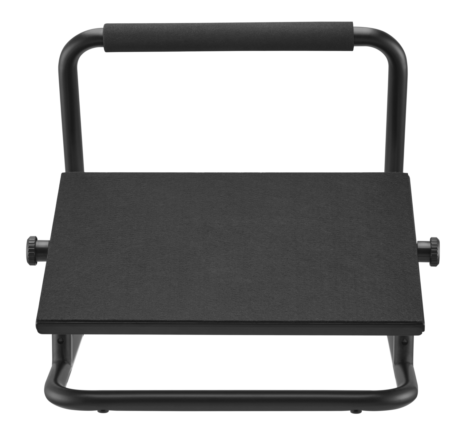 Eine schwarze Fußstütze mit Griff, höhenverstellbar und strukturierter Oberfläche, isoliert auf Weiß.