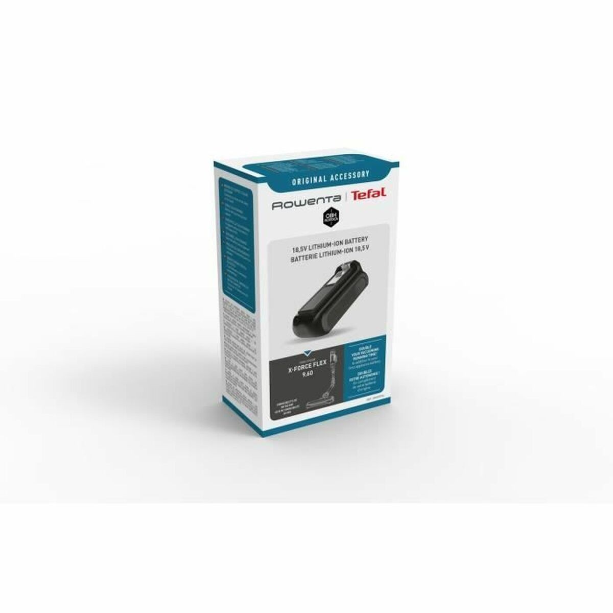 Una caja de producto para una batería Rowenta Tefal, con una imagen de batería negra.