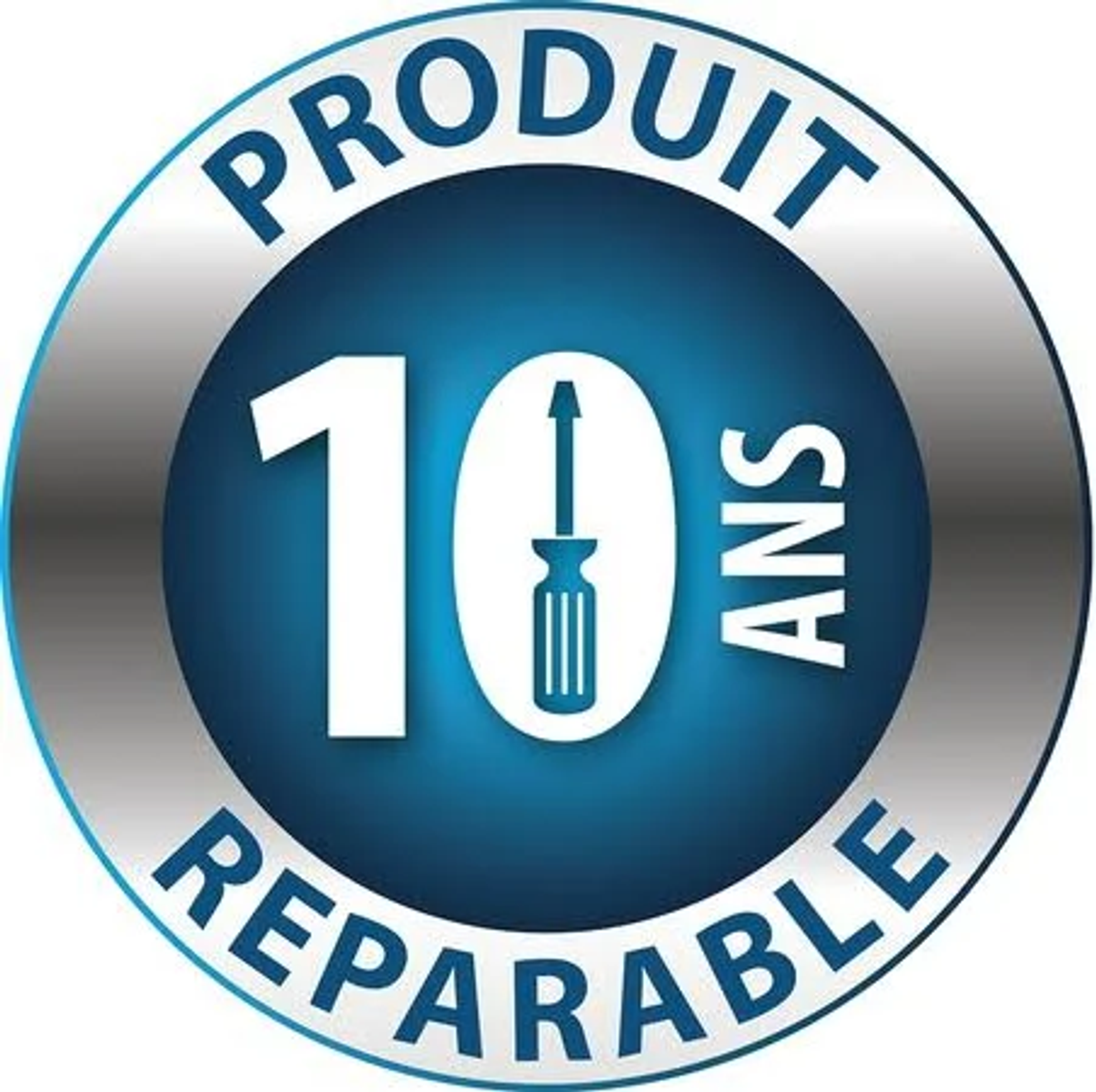 Niebiesko-biała odznaka produktu z tekstem 'PRODUIT REPARABLE' i 10-letnią gwarancją.