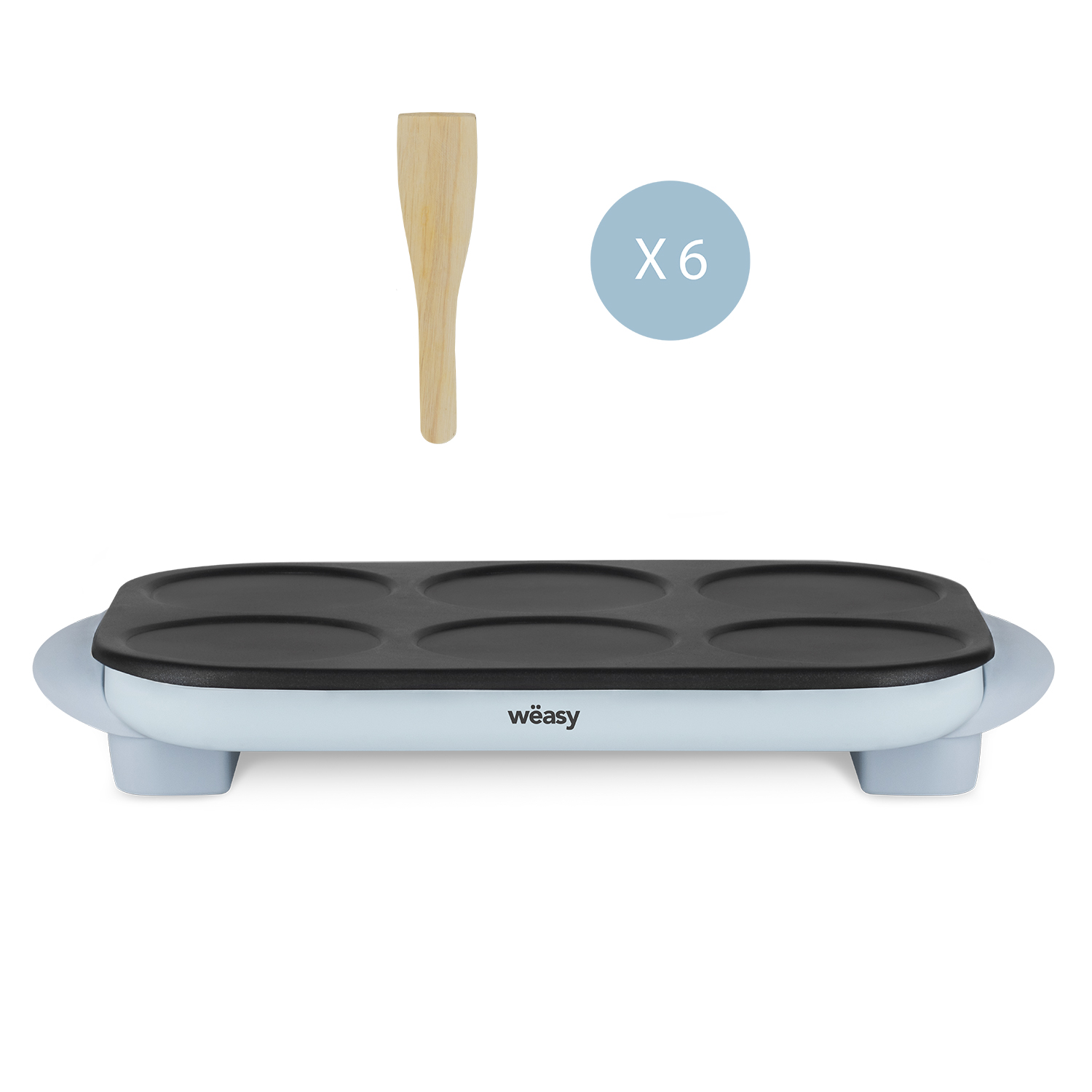 Ein blauer Grill mit sechs kreisförmigen Kochflächen, einem Holzspatel und einem 'weasy'-Logo.