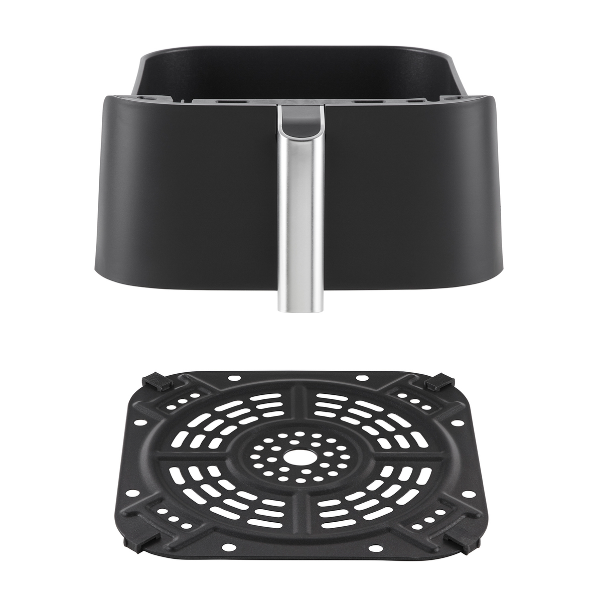 Czarny kosz do frytkownicy powietrznej i płyta podstawy z otworami. Izolowane na białym tle.