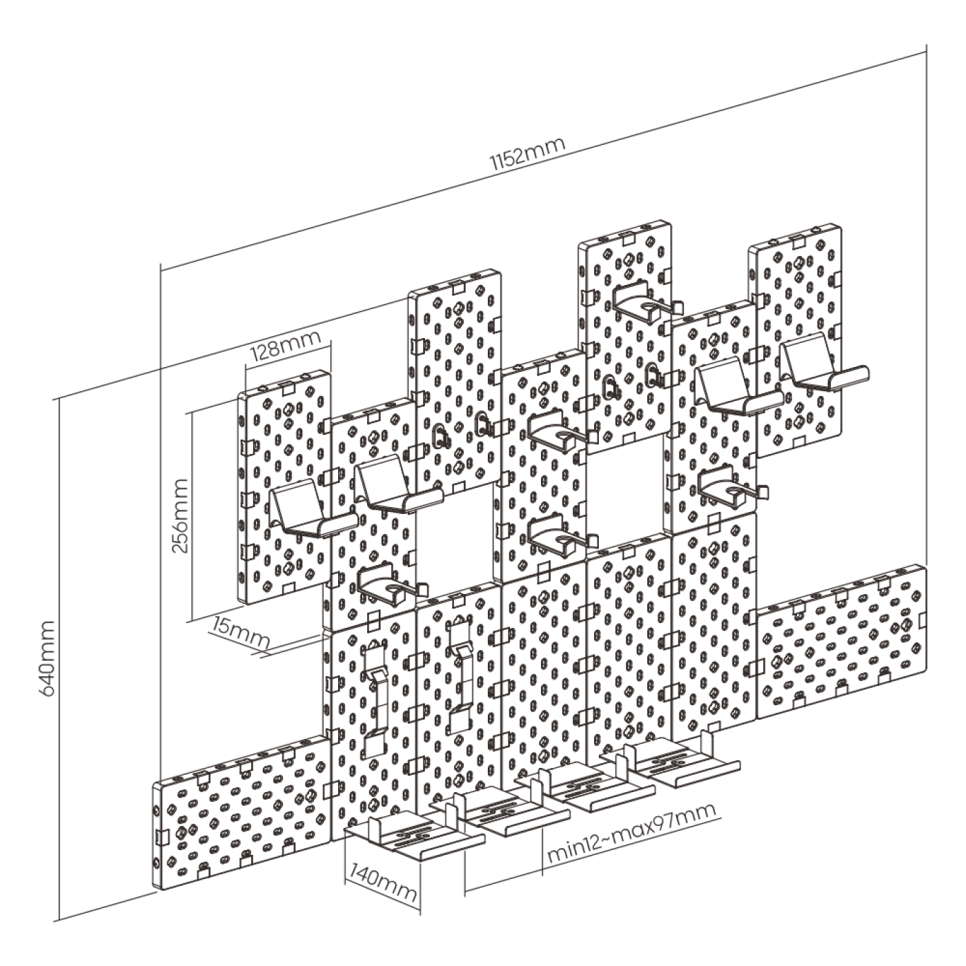 Diagram van aan de muur gemonteerde planken. Toont afmetingen en een raster van gaten.