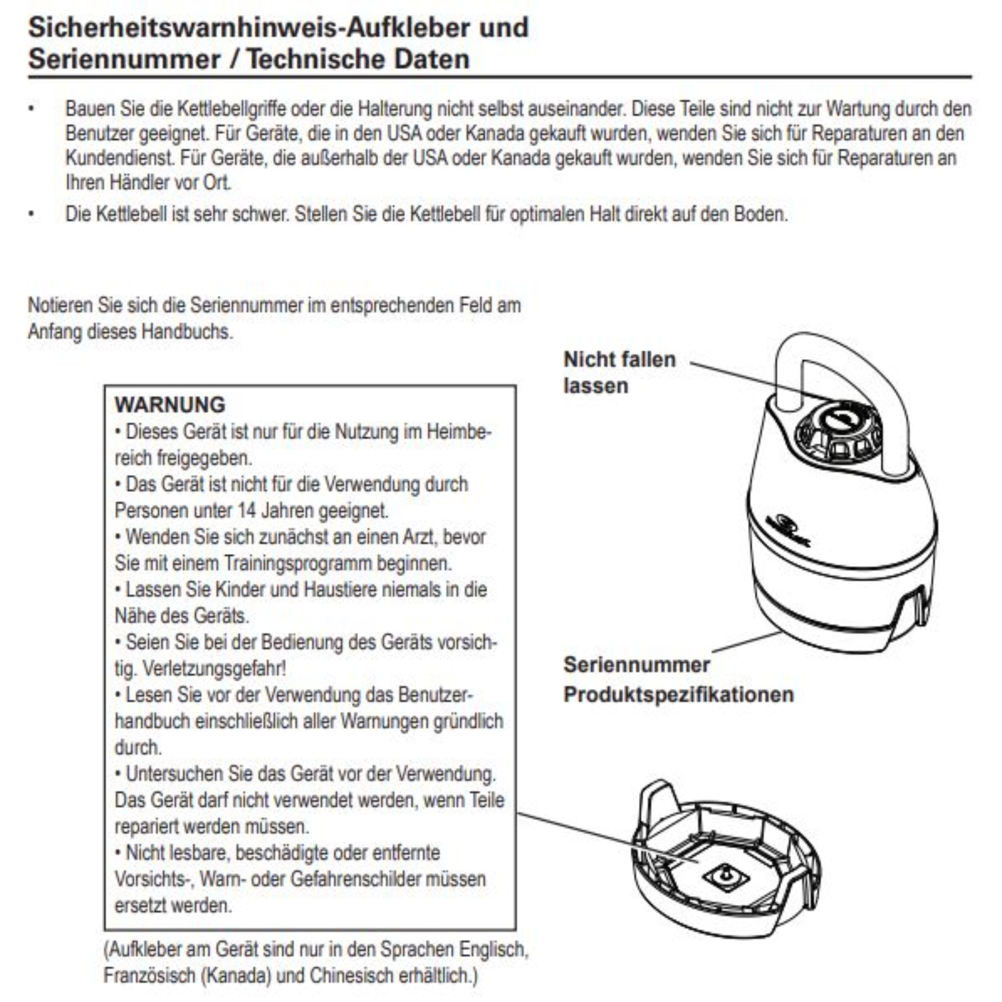Warnhinweise auf einem Produkt. Text auf Deutsch. Zeigt ein Diagramm des Produkts.