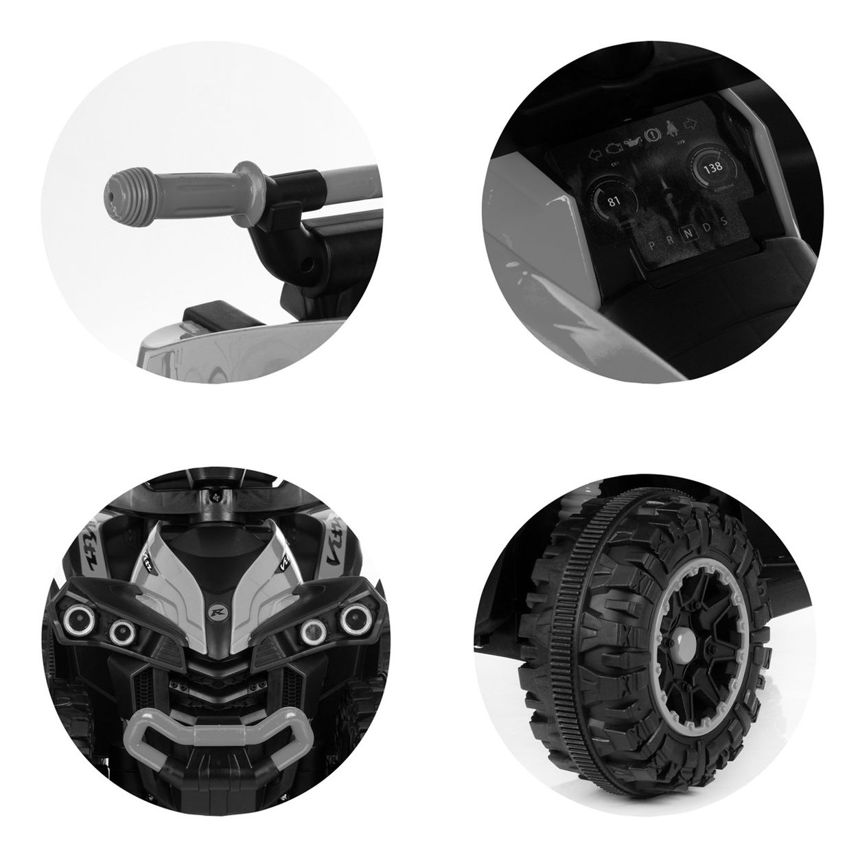 Cuatro imágenes de primer plano de una motocicleta de juguete que muestran detalles de diferentes partes.