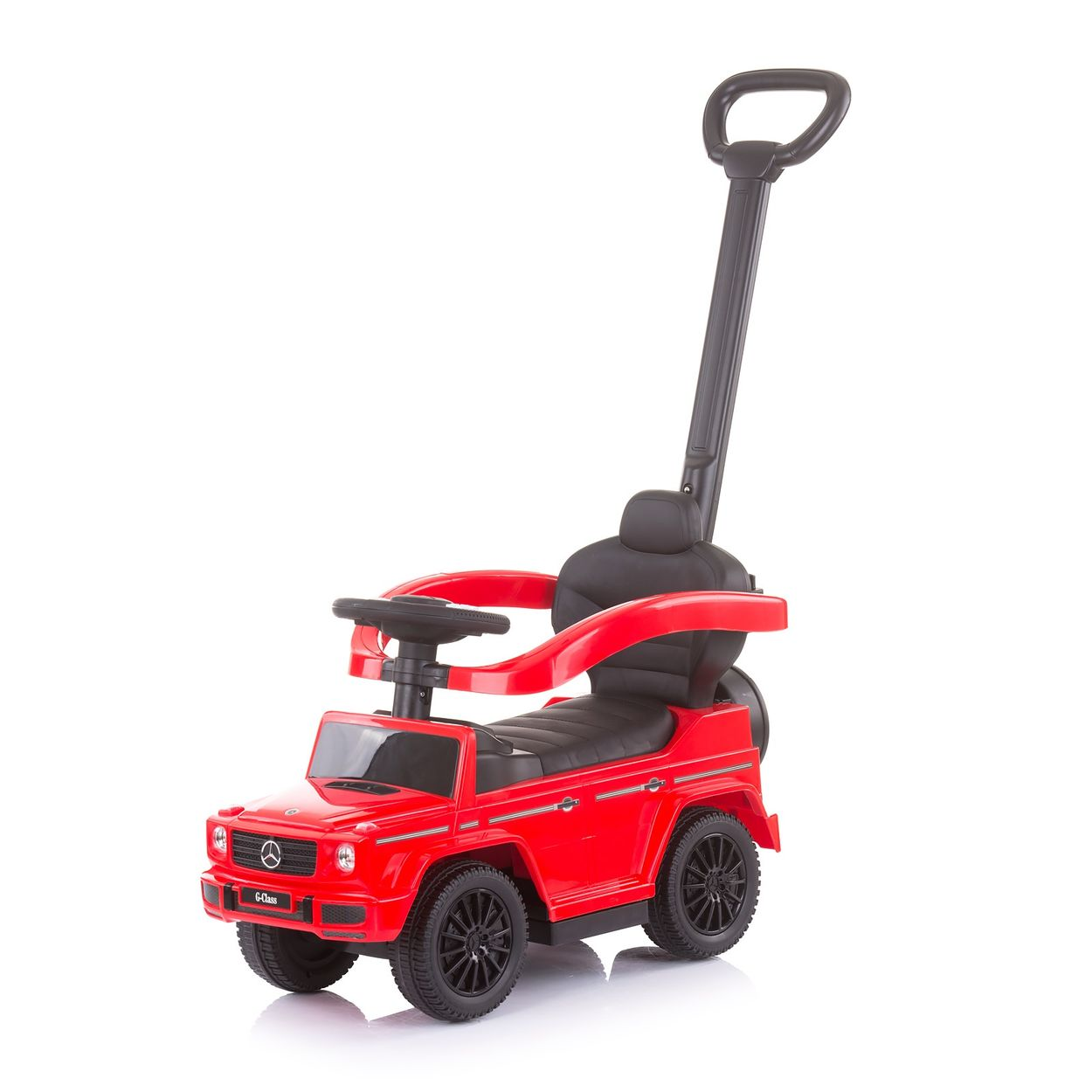 Rotes Spielzeugauto mit schwarzem Griff. Weißer Hintergrund.