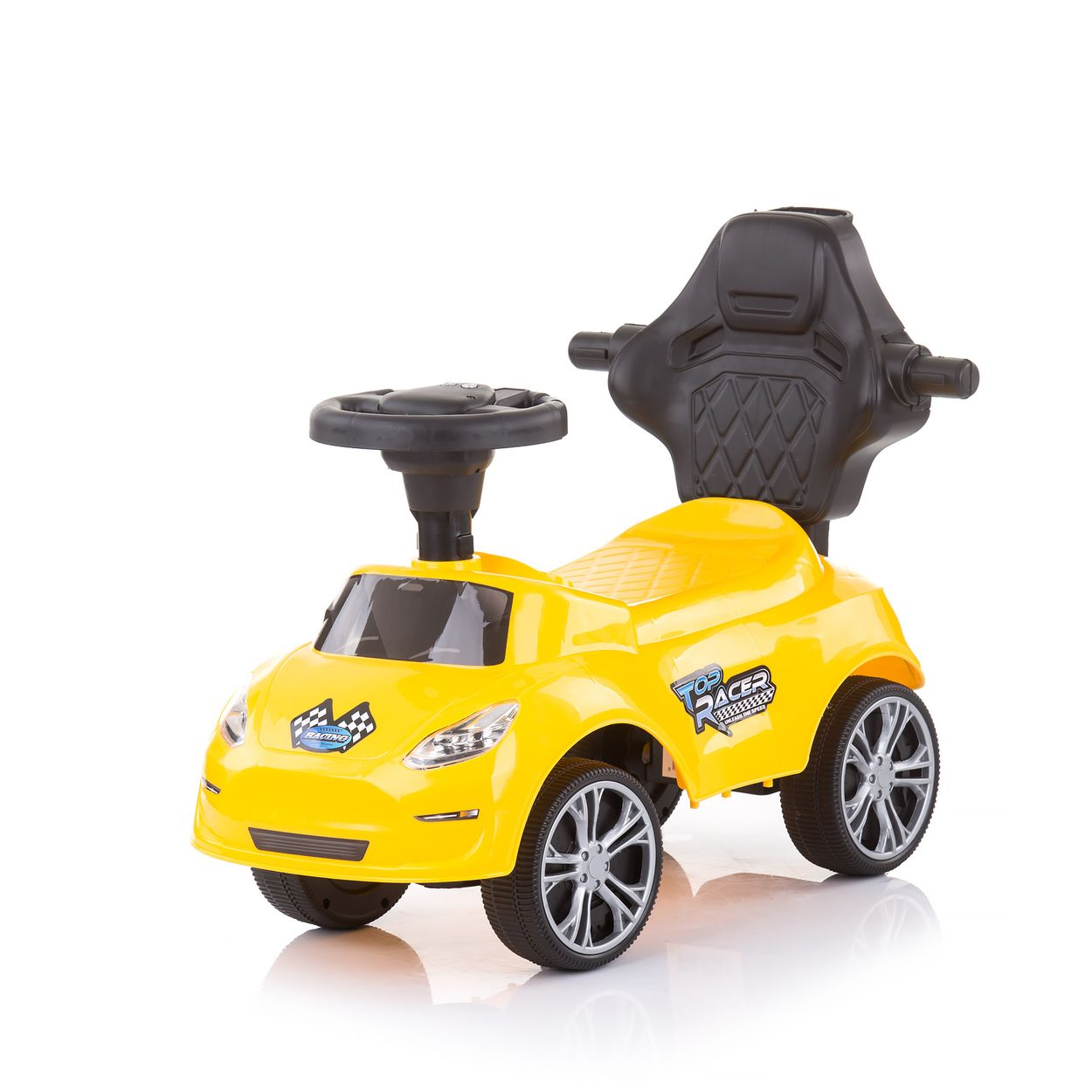 Gelbes Spielzeugauto mit schwarzem Sitz, Lenkrad und dem Text "OS RACER KIDS".