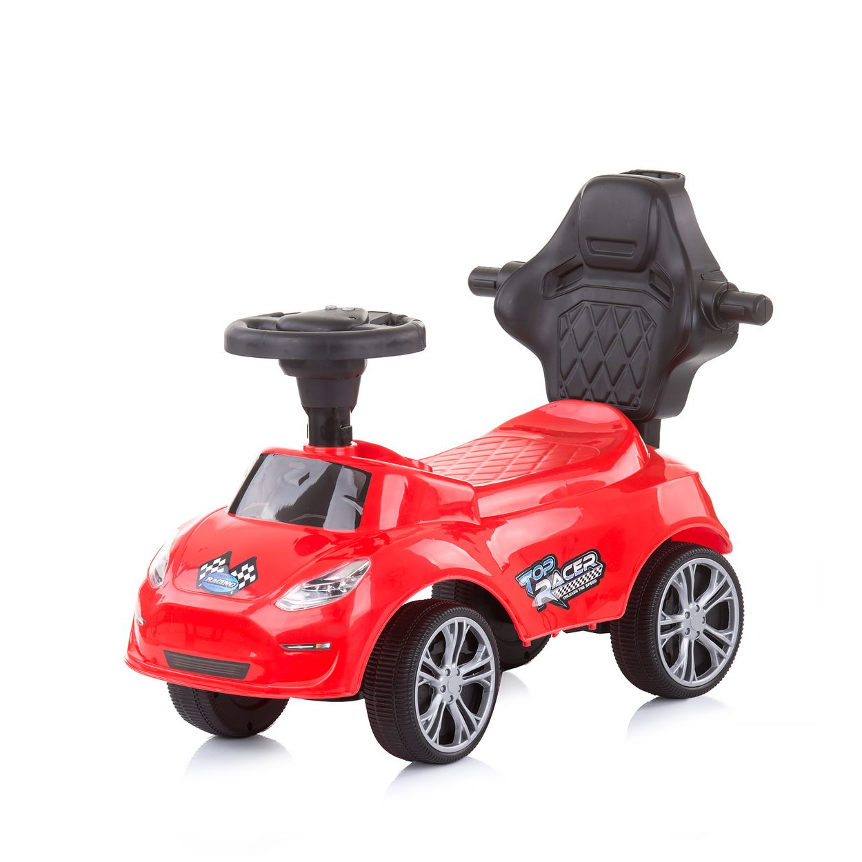 Un'auto giocattolo rossa con sedile nero, progettata per essere cavalcata dai bambini.