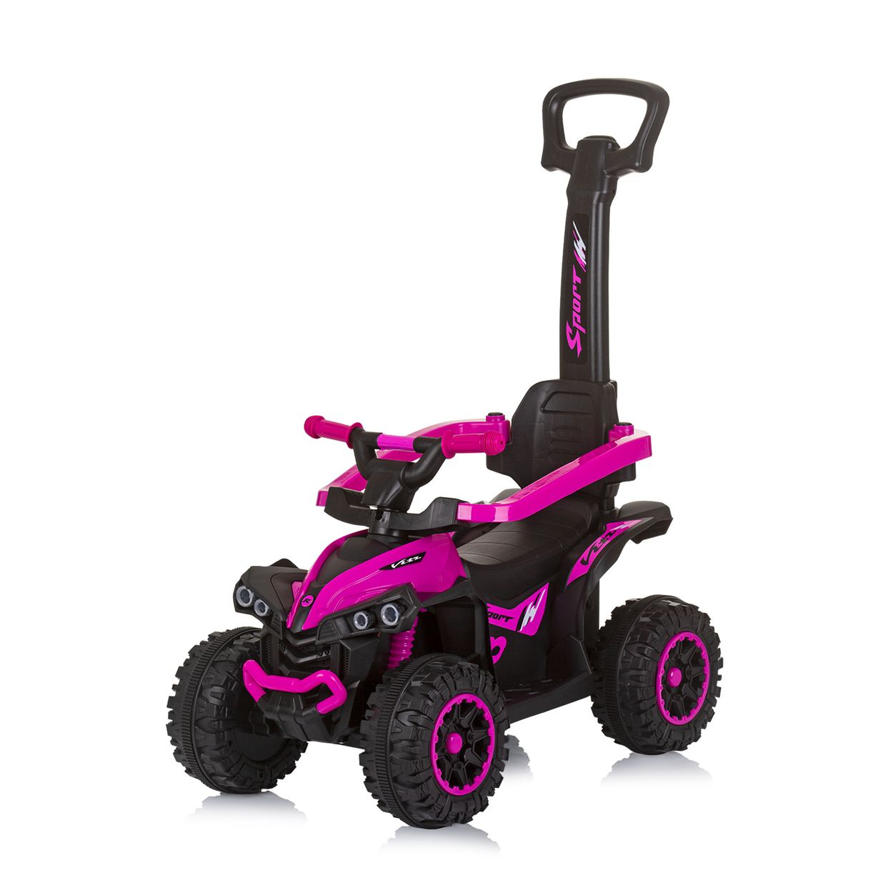 Un juguete montable estilo ATV rosa y negro con un asa para los padres.