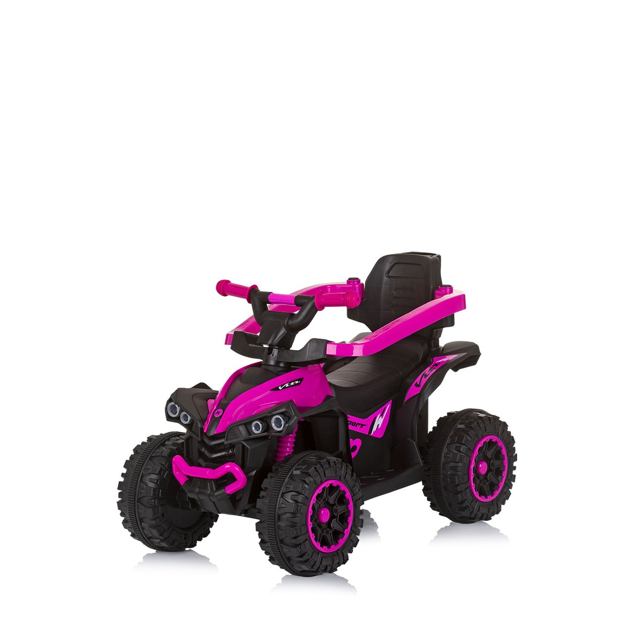 Juguete ATV rosa y negro aislado sobre fondo blanco, con neumáticos y detalles en negro.