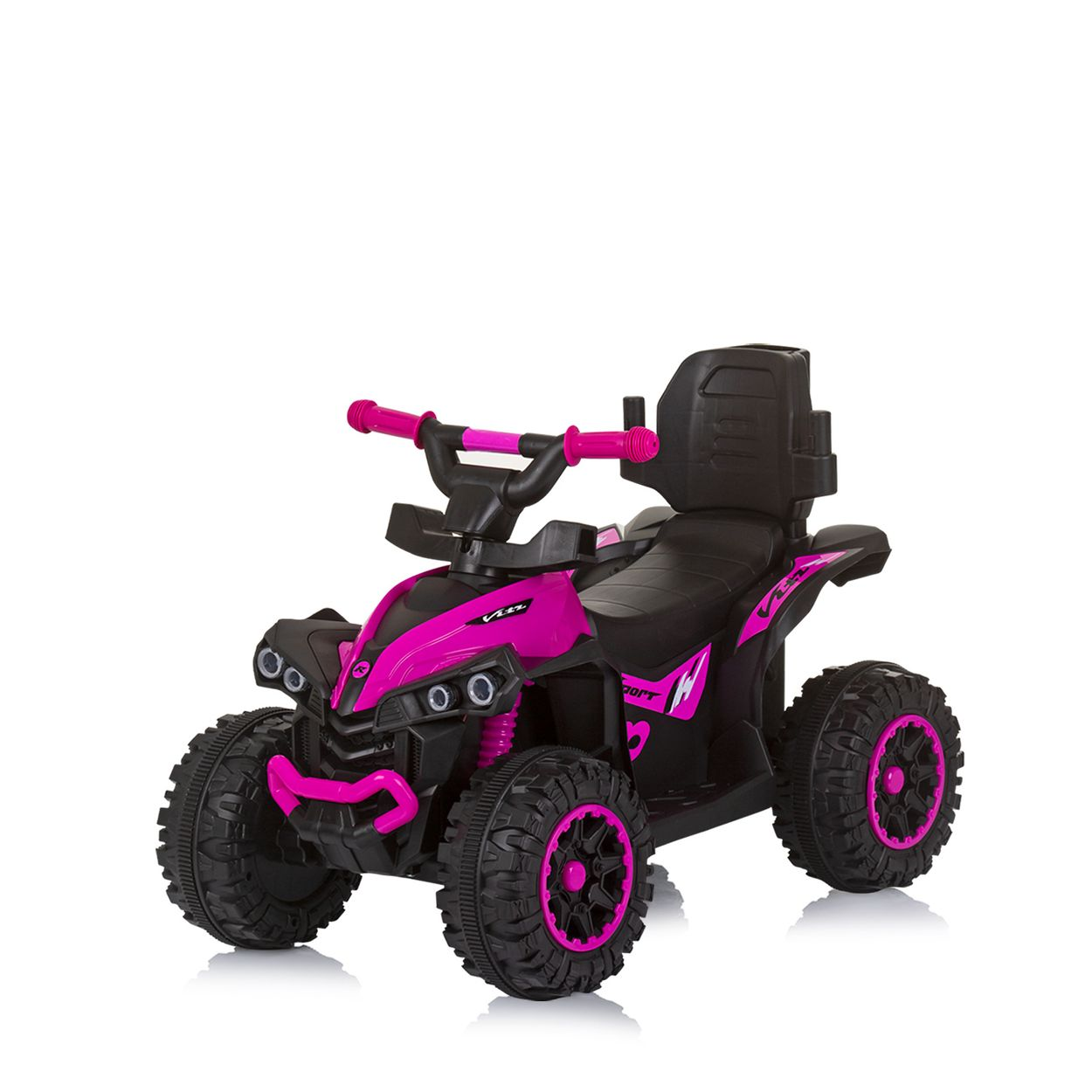 Juguete ATV rosa y negro. El ATV tiene faros y manillar rosa. Fondo blanco.