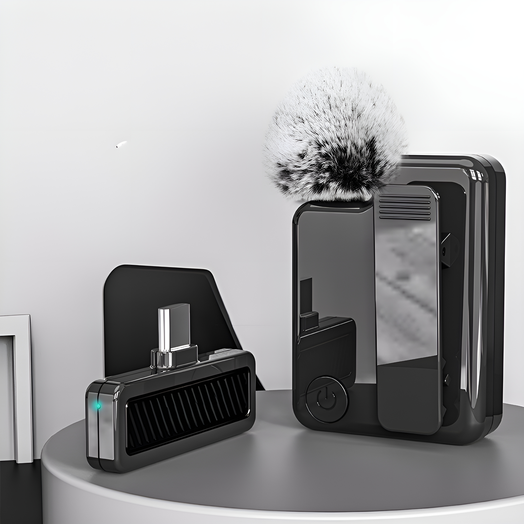Zwei schwarze Mikrofone mit weißem Hintergrund. Eines ist an einen USB-C-Anschluss angeschlossen.