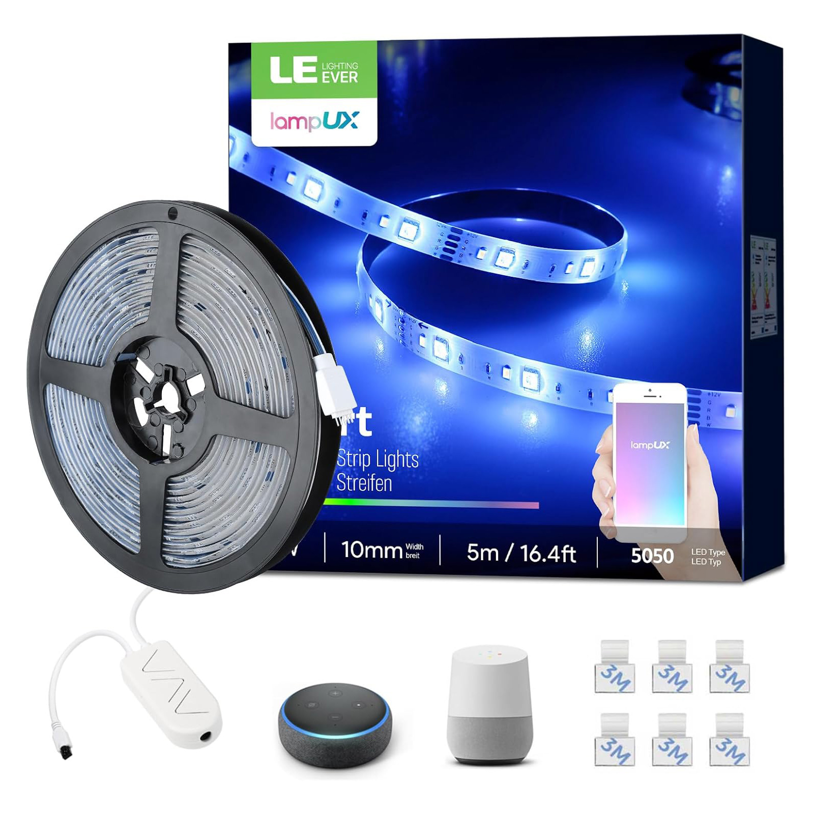 LED-Streifenlichter mit Steuerbox, Alexa, Google Home und Klebepads.
