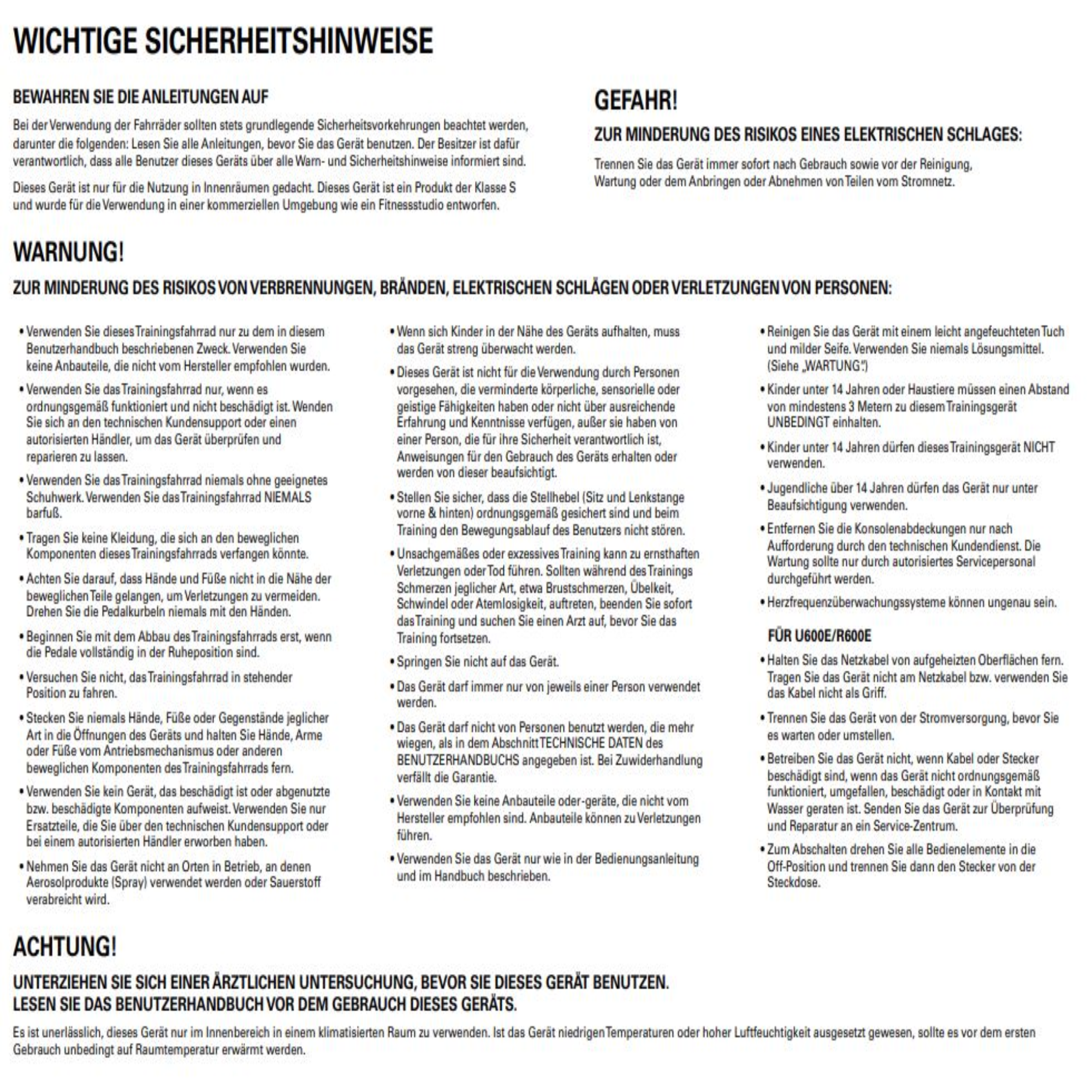 Sicherheitsanweisungen mit Warnungen vor Stromschlag und Verbrennungen.