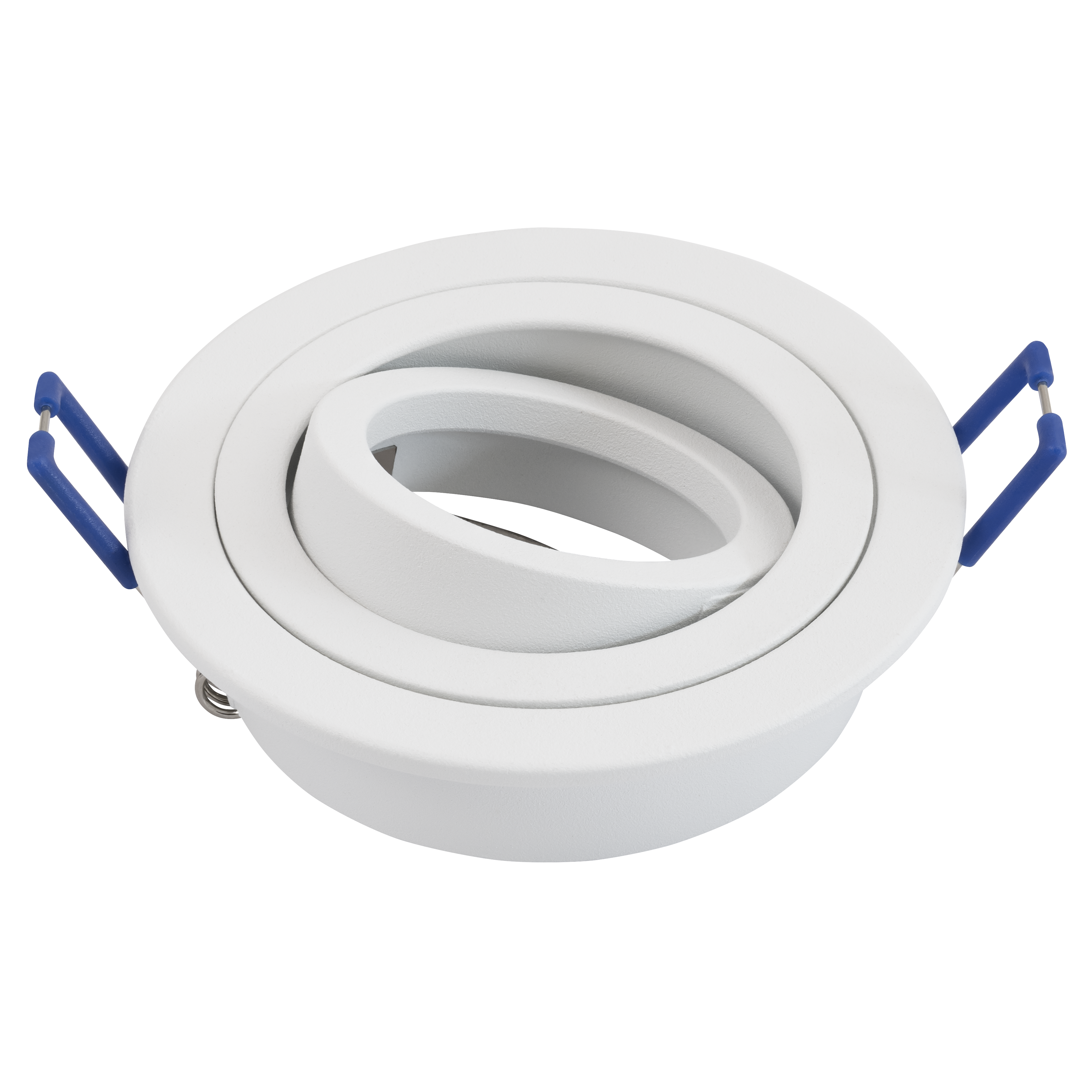 Weißer Einbaustrahler mit verstellbarem Innenring und blauen Clips.