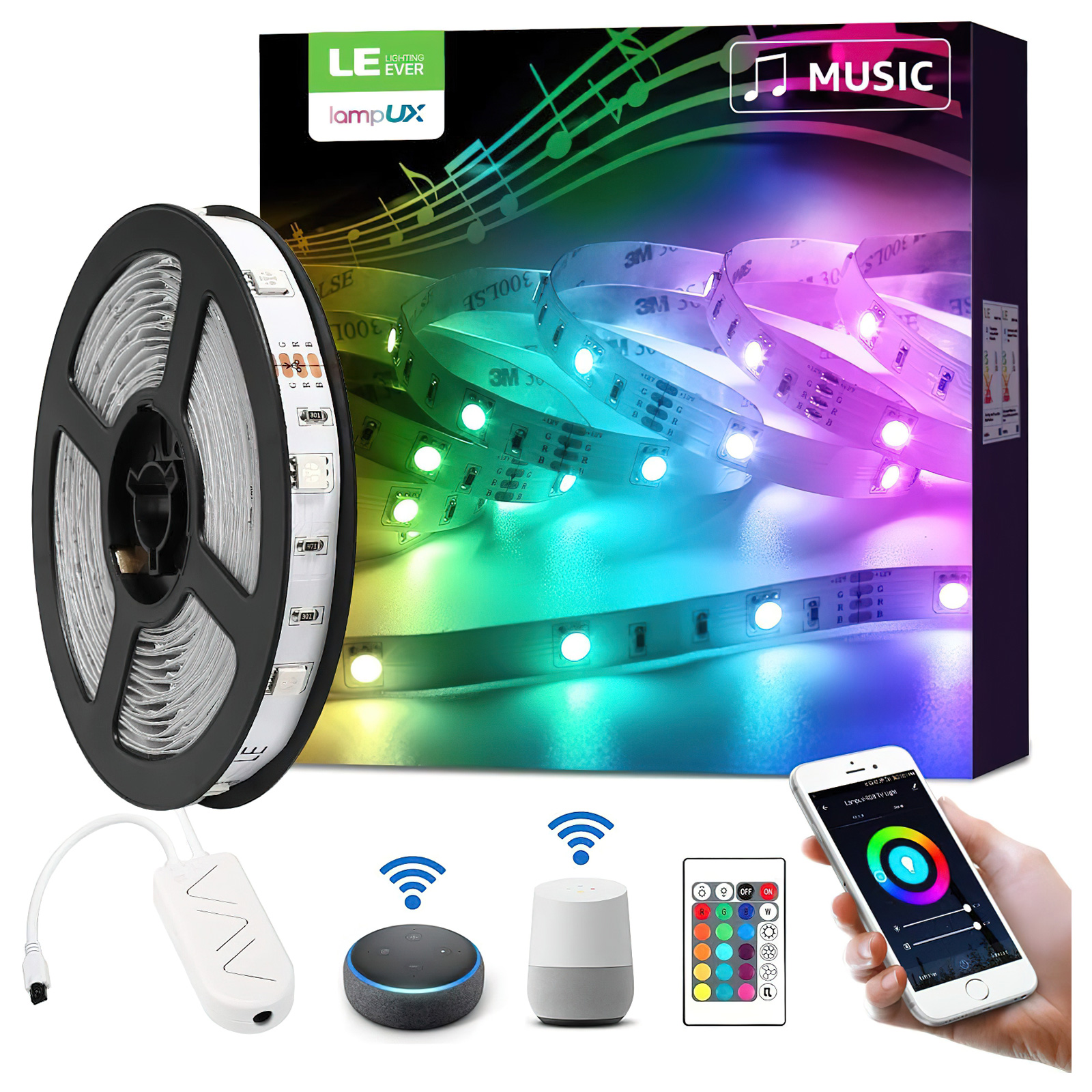 LED-Streifen mit Box, Fernbedienung, Sprachassistenten und Telefon mit Farbauswahl.