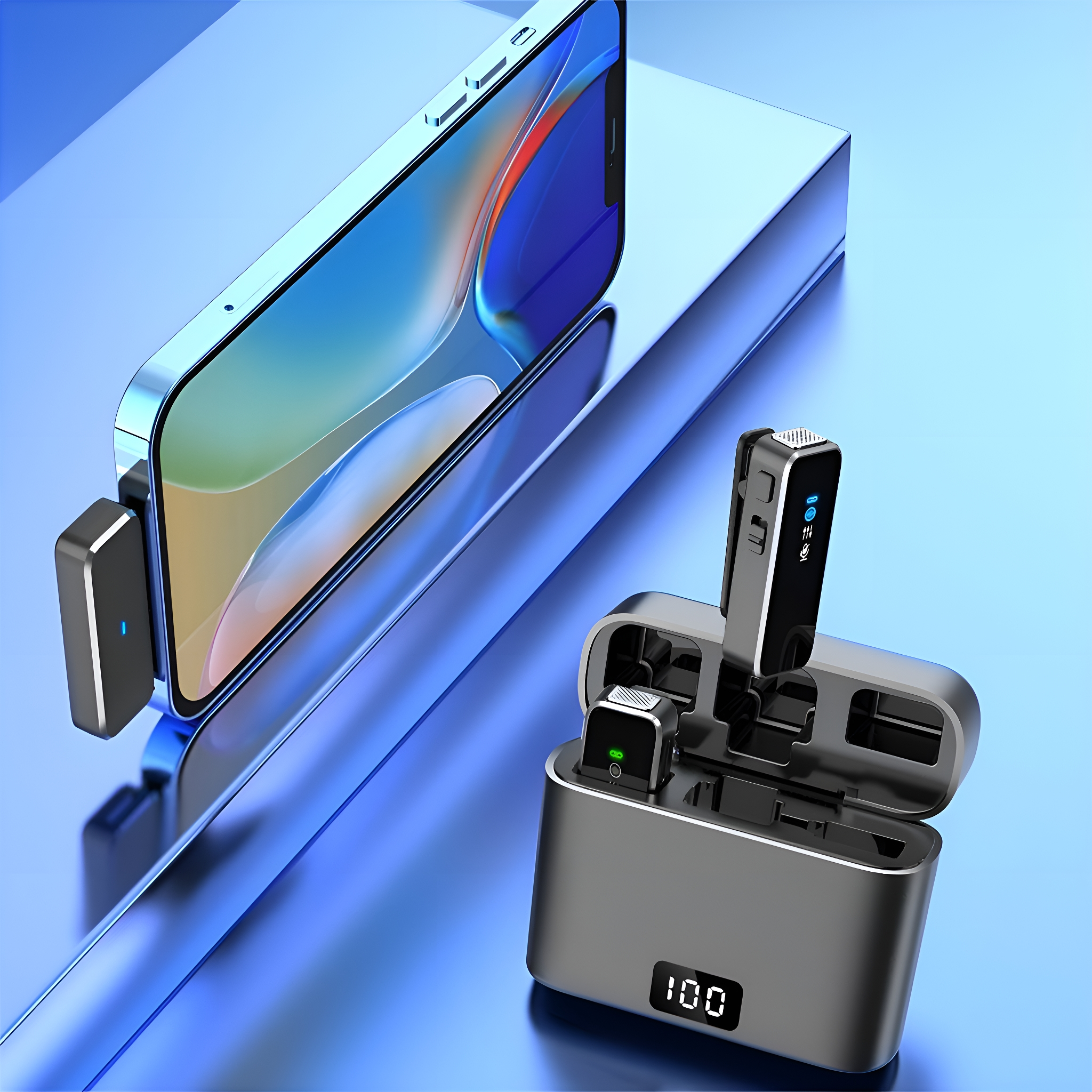 Nahaufnahme eines drahtlosen Mikrofon-Sets mit einem Telefon. Das Telefon befindet sich auf einem Ständer.