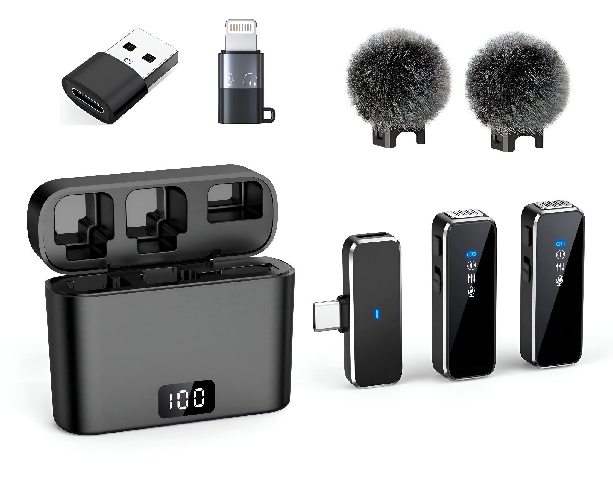 Elektronische Geräte: USB-C-, Lightning-Adapter, zwei flauschige Mikrofonabdeckungen, eine Ladebox, drei Mikrofone.