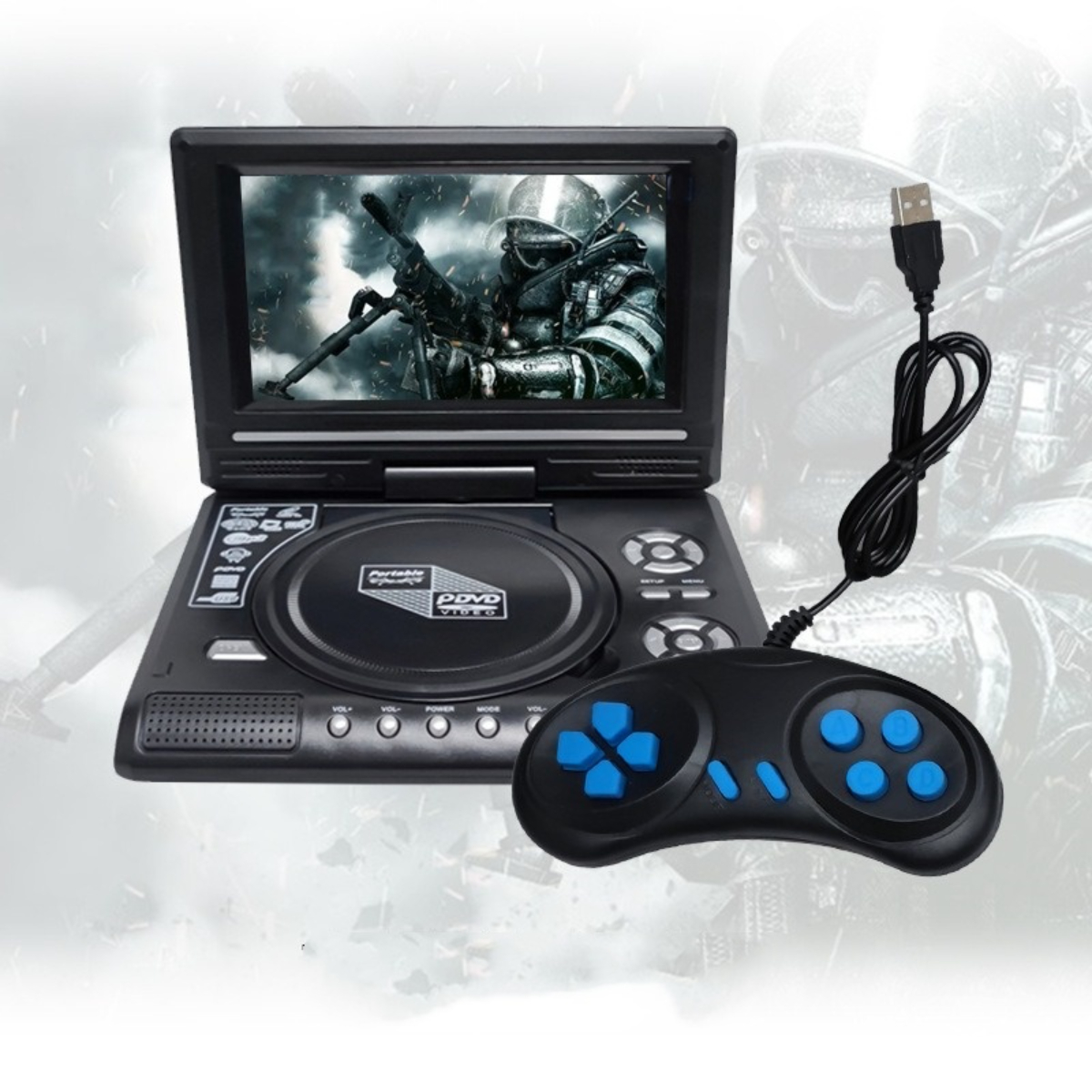 Tragbarer DVD-Player mit Controller und Spielbildschirm.