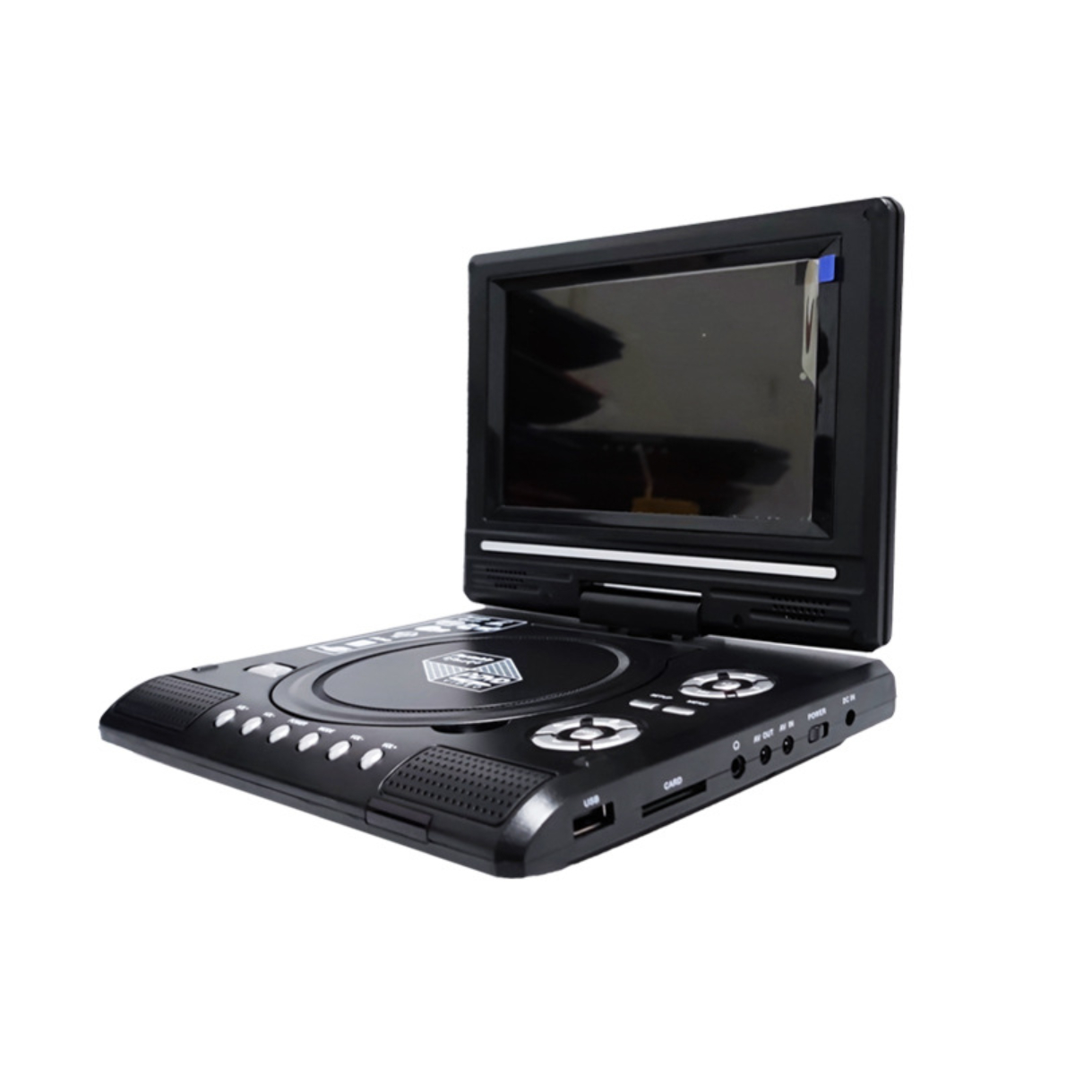 Schwarzer tragbarer DVD-Player, offen. Zeigt Bildschirm und Bedienelemente.
