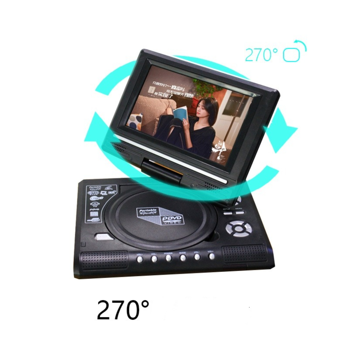 Ein tragbarer DVD-Player mit einem um 270 Grad drehbaren Bildschirm. Der Player ist schwarz.