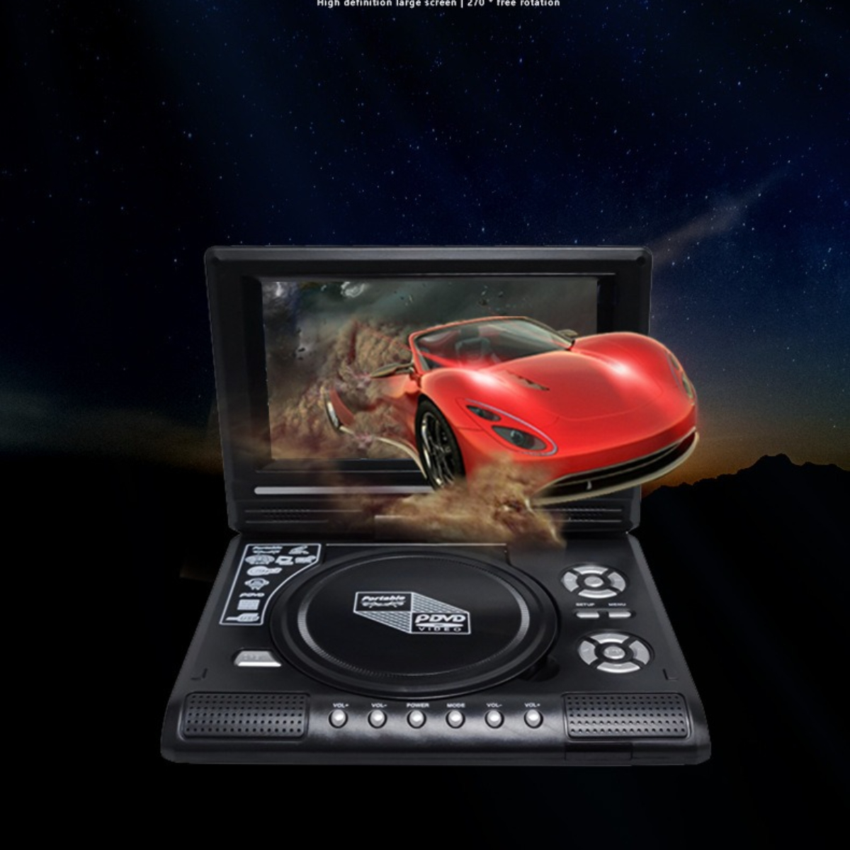 Tragbarer DVD-Player mit einem roten Sportwagen, der scheinbar aus dem Bildschirm vor Sternenhimmel auftaucht.