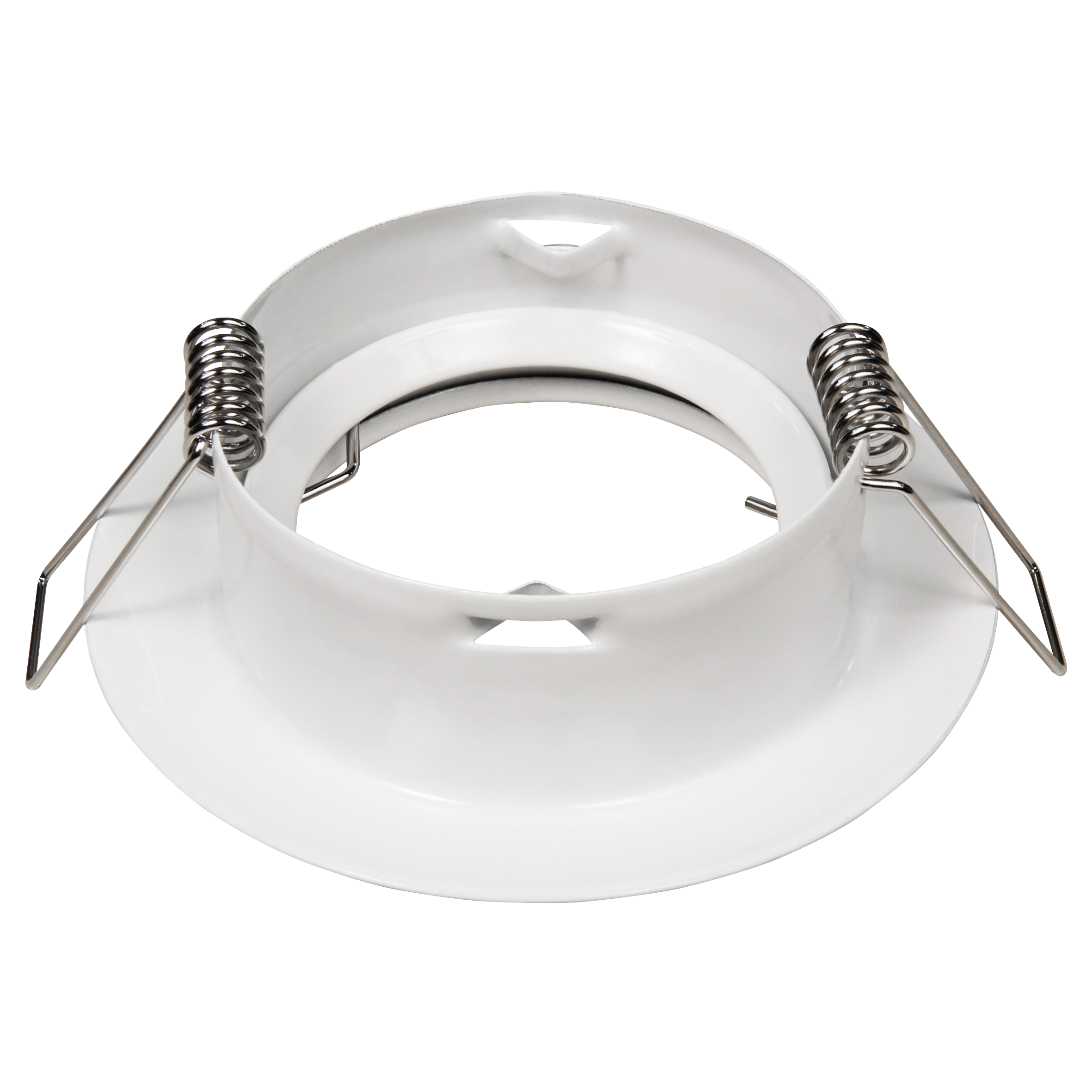 Weißer Metall-Montagering mit Federklemmen, schwarzer Hintergrund. Ring hat ein Loch.