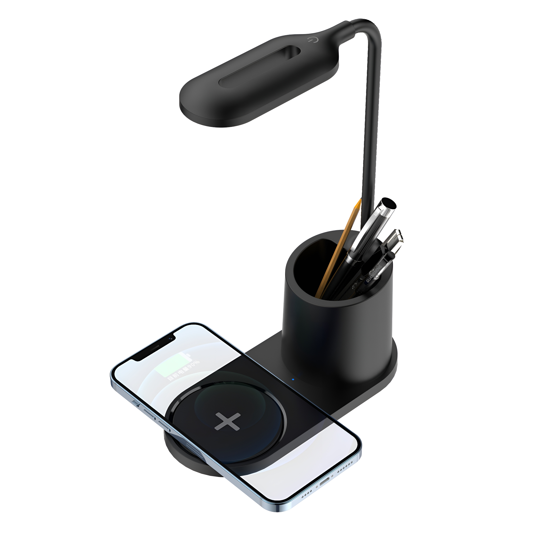 Schreibtischlampe mit Handy-Ladepad und Stifthalter. Telefon liegt auf dem Pad.