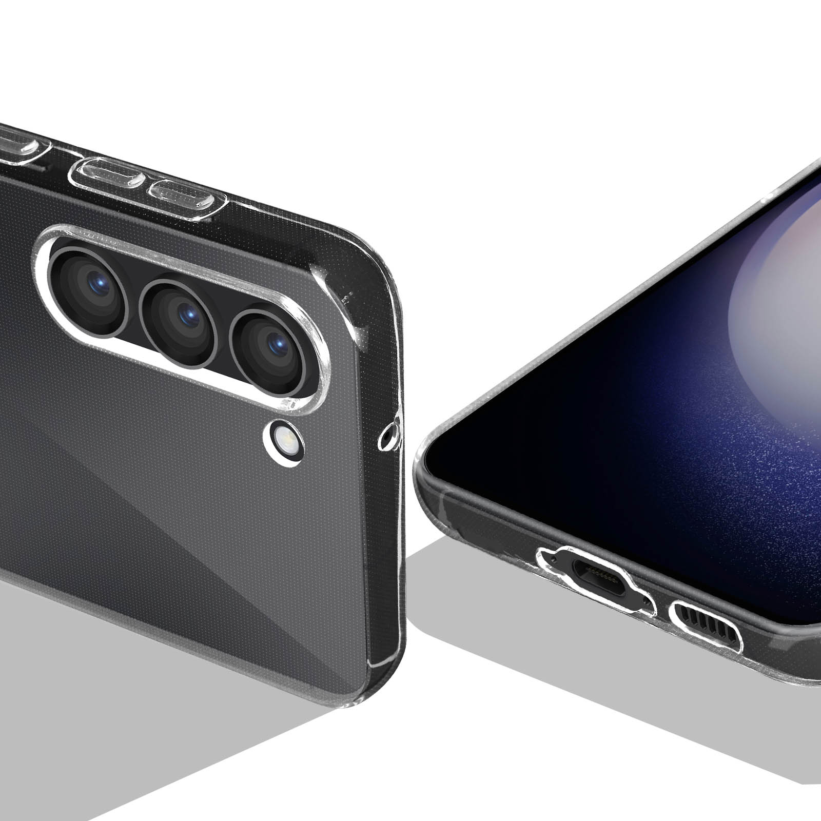 Zbliżenie przezroczystego etui na telefon. Etui zakrywa smartfon z trzema aparatami i czarnym ekranem.