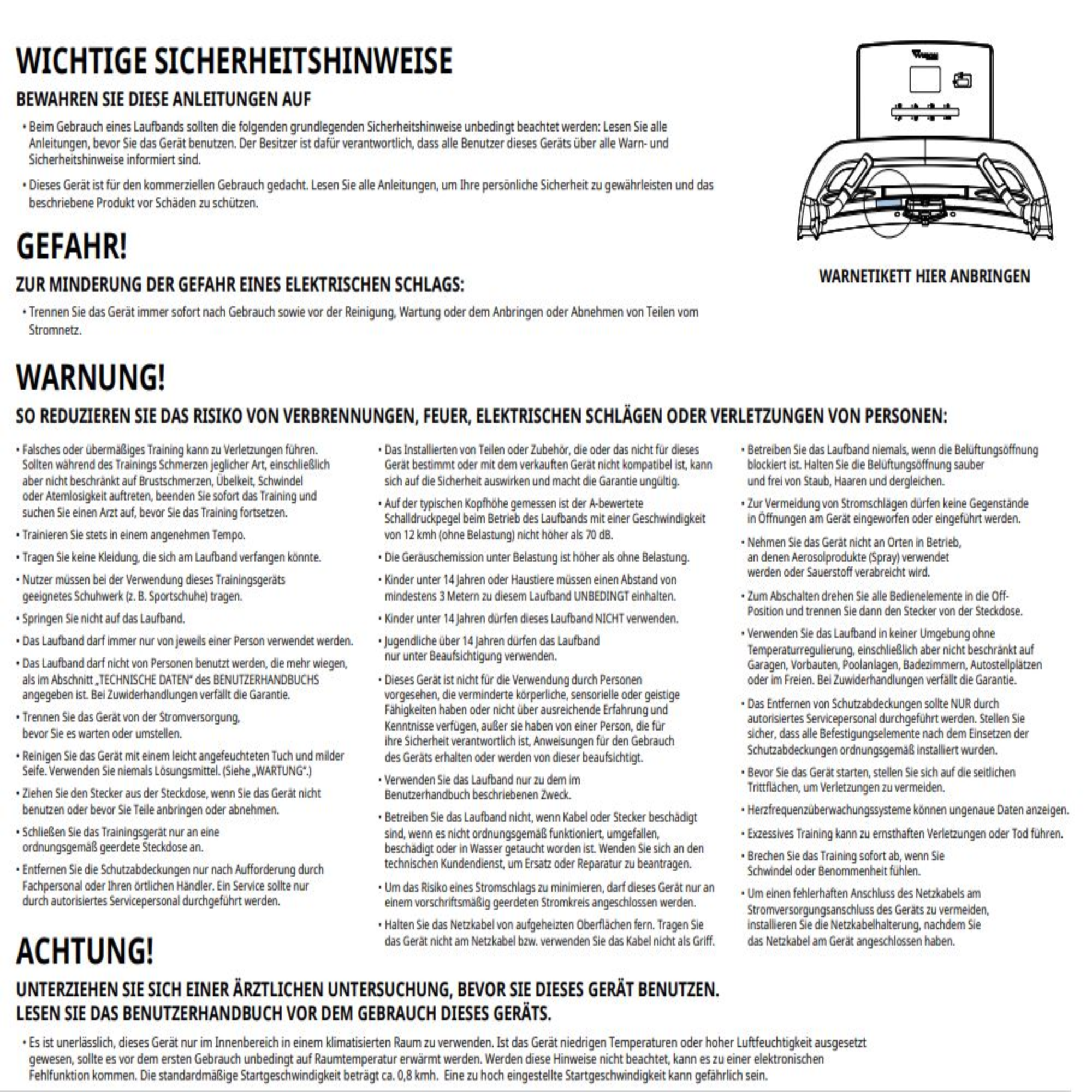 Sicherheitsanweisungen auf Deutsch für ein Laufband, Warnung vor Stromschlag.