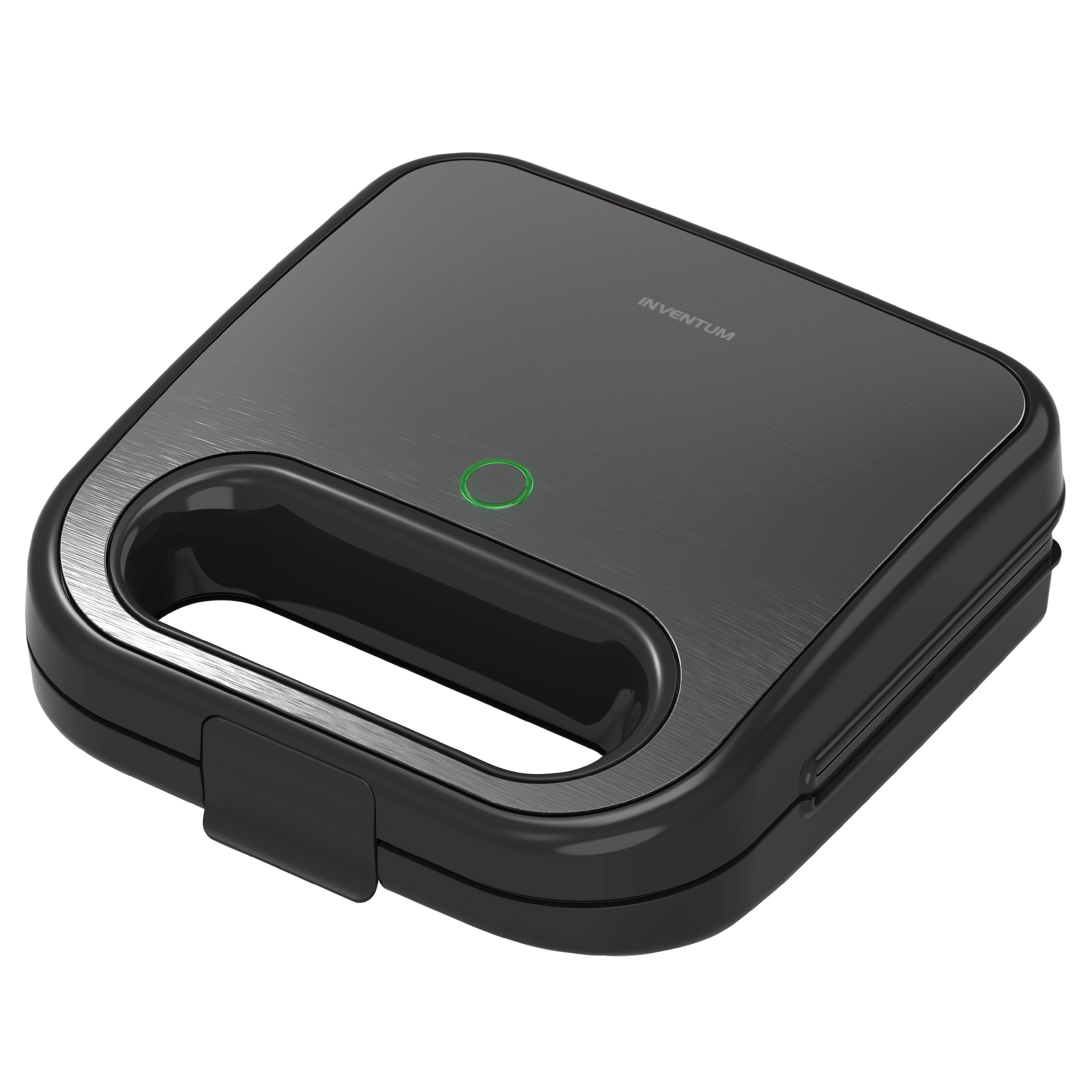 Black sandwich maker with a green power light. The brand name 'Inventum' is visible.