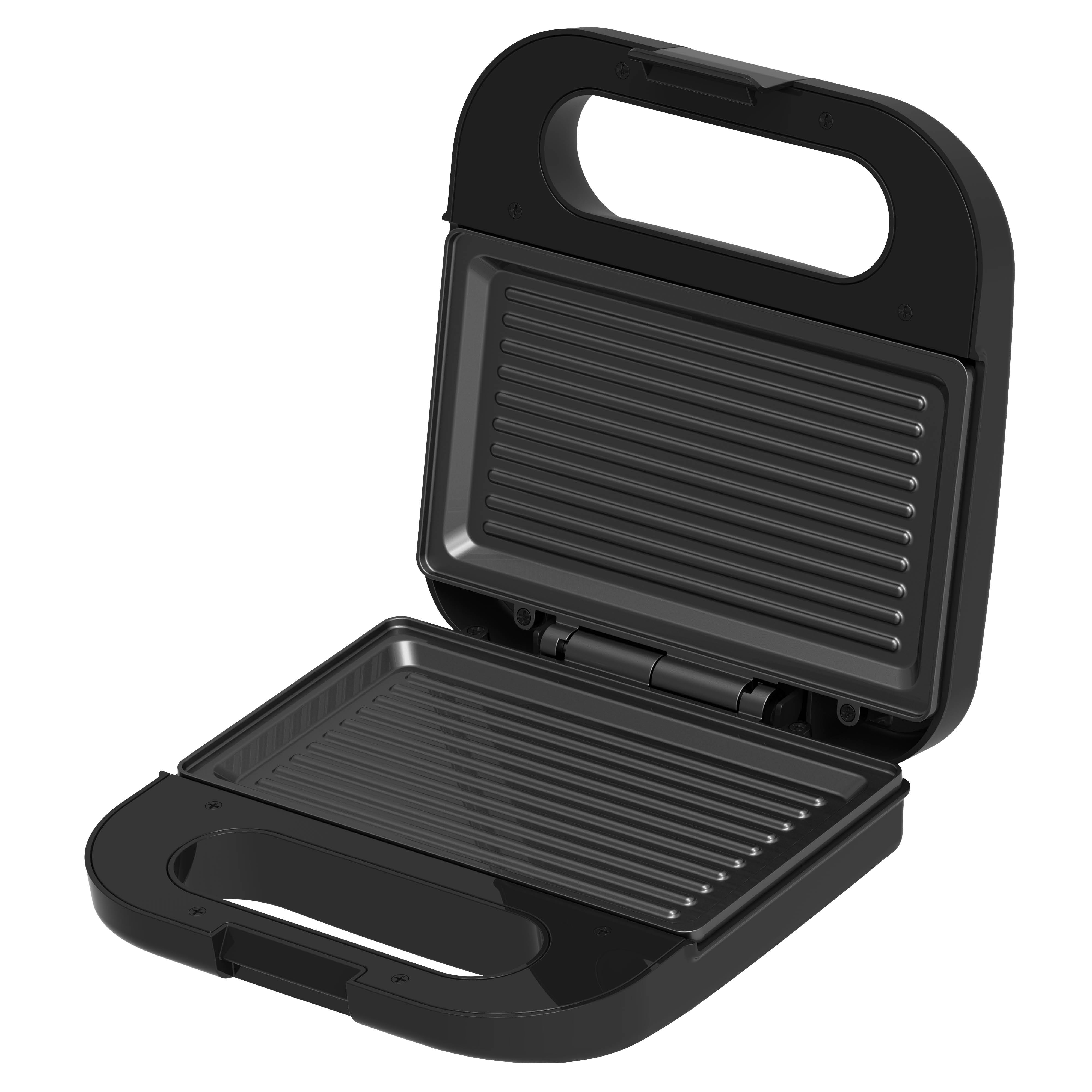 Black sandwich maker, open. It has griddle plates. Isolated on white background.