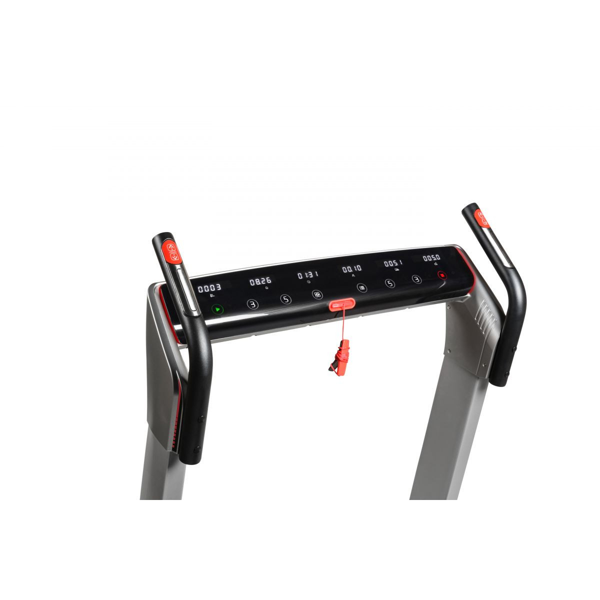 Laufbandkonsole mit Display. Roter Sicherheitsschlüssel. Griffe mit roten Akzenten. Schwarze Knöpfe.