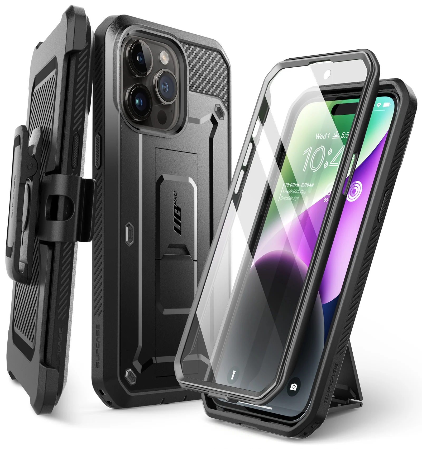 Custodia nera con supporto integrato che protegge un telefono su superficie bianca.