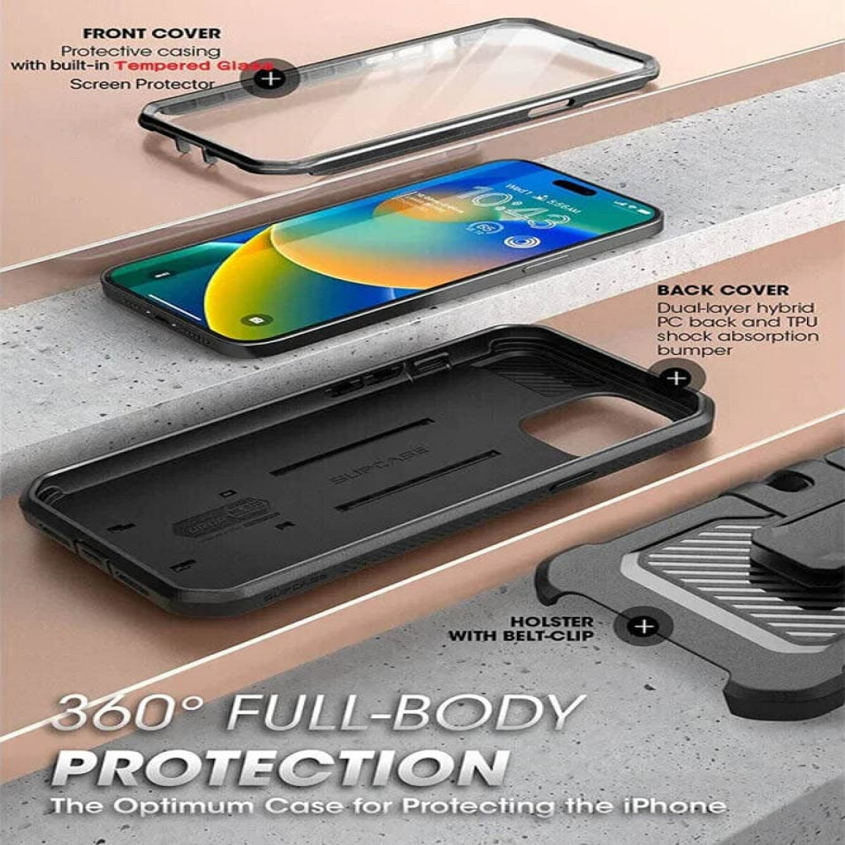 Componenti della custodia dell'iPhone. Anteriore, posteriore e fondina. Mostra come la custodia protegge il telefono.