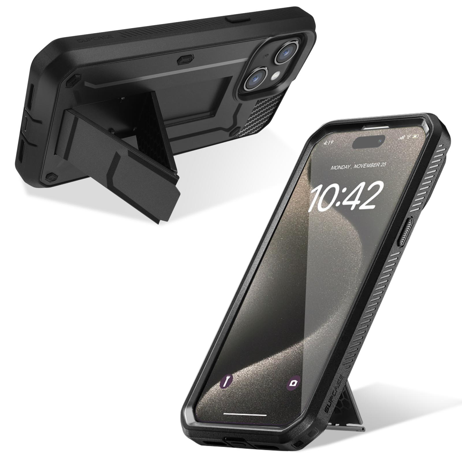 Custodia nera per telefono con supporto e telefono all'interno. La custodia è aperta, mostrando lo schermo.