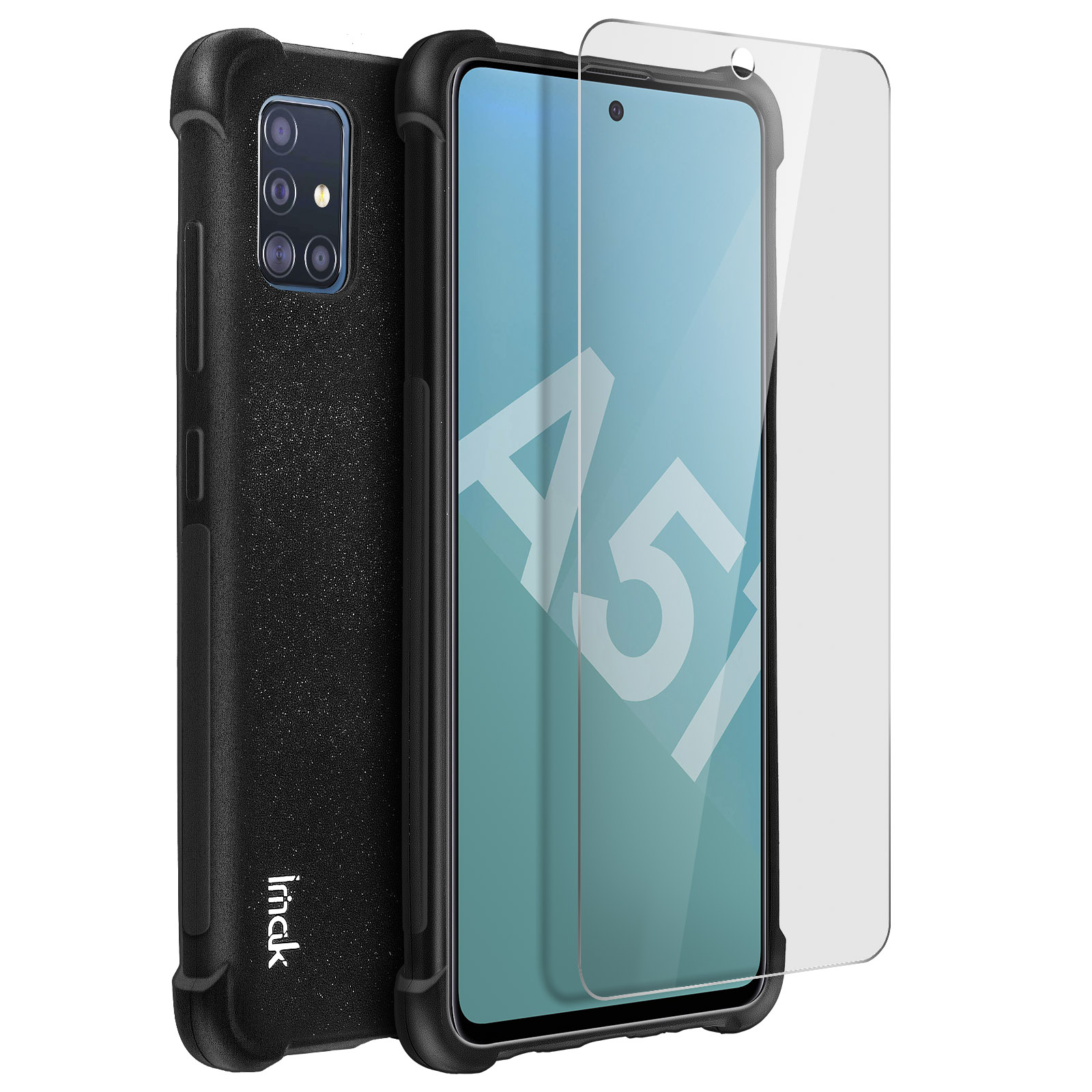 Schwarze Handyhülle mit strukturierter Rückseite und klarer Displayschutzfolie. Telefon hat Kameras.