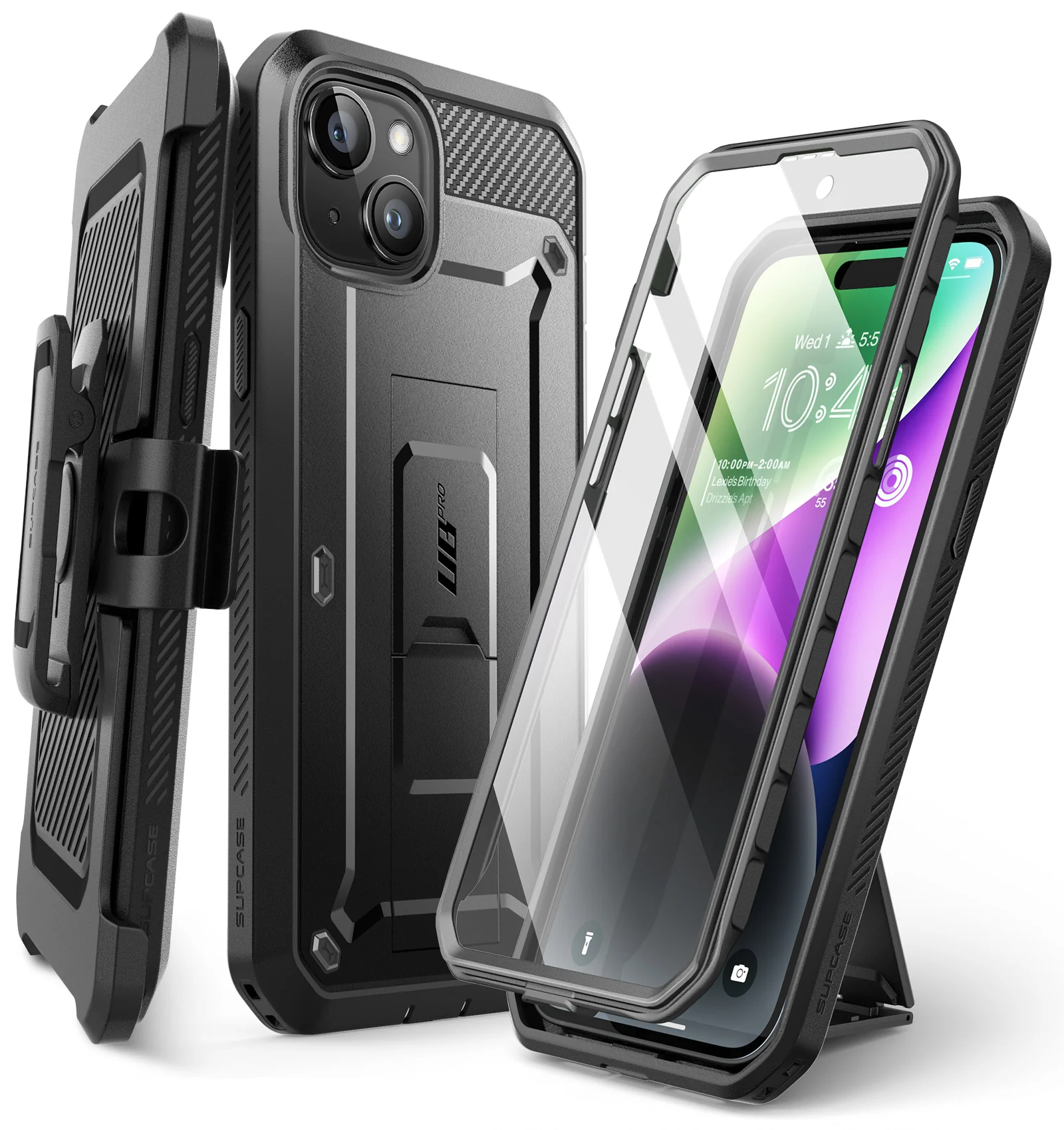 Custodia per telefono nera con protezione schermo e clip da cintura su sfondo bianco.