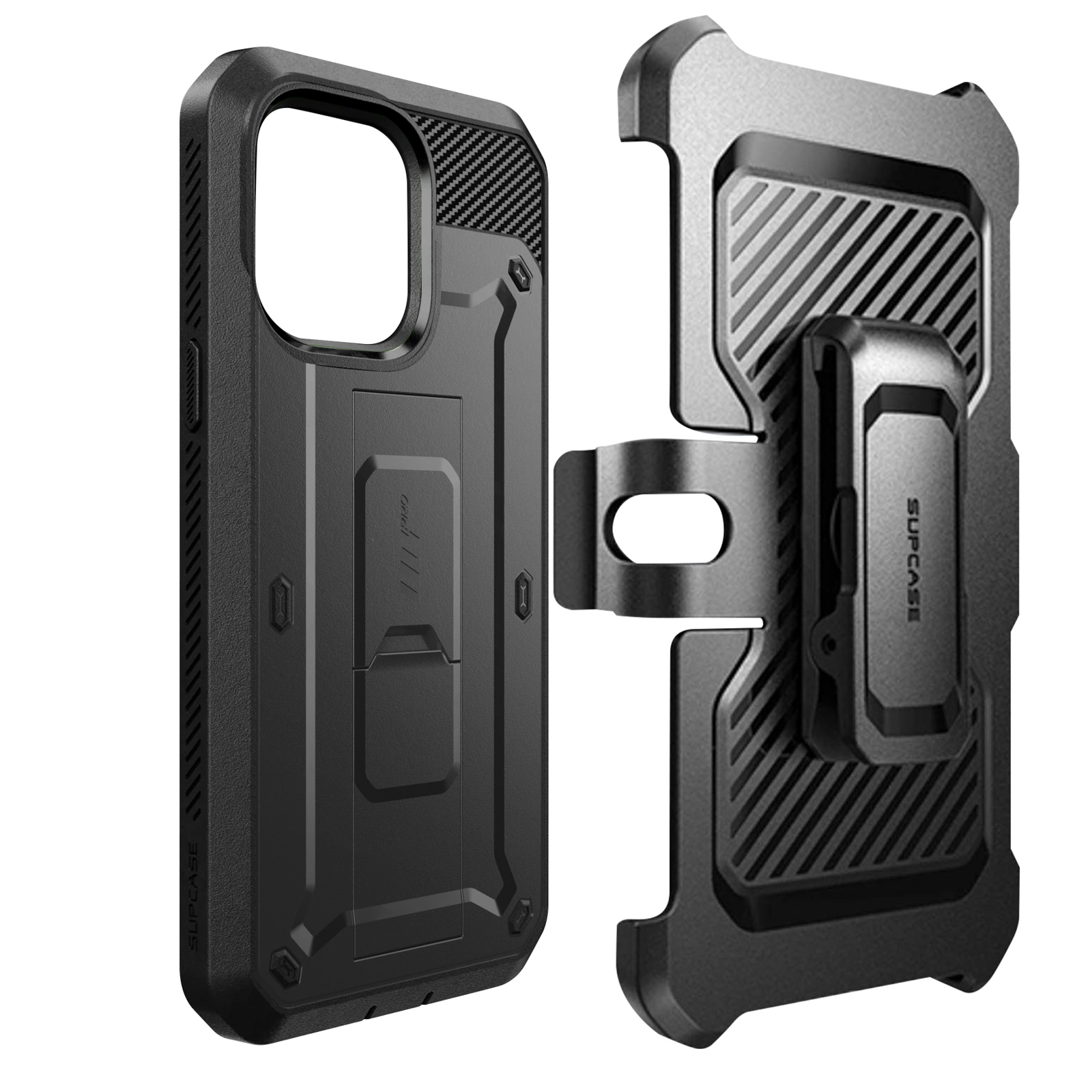 Schwarze Handyhülle mit Gürtelclip. Es scheint eine robuste, schützende Hülle zu sein.