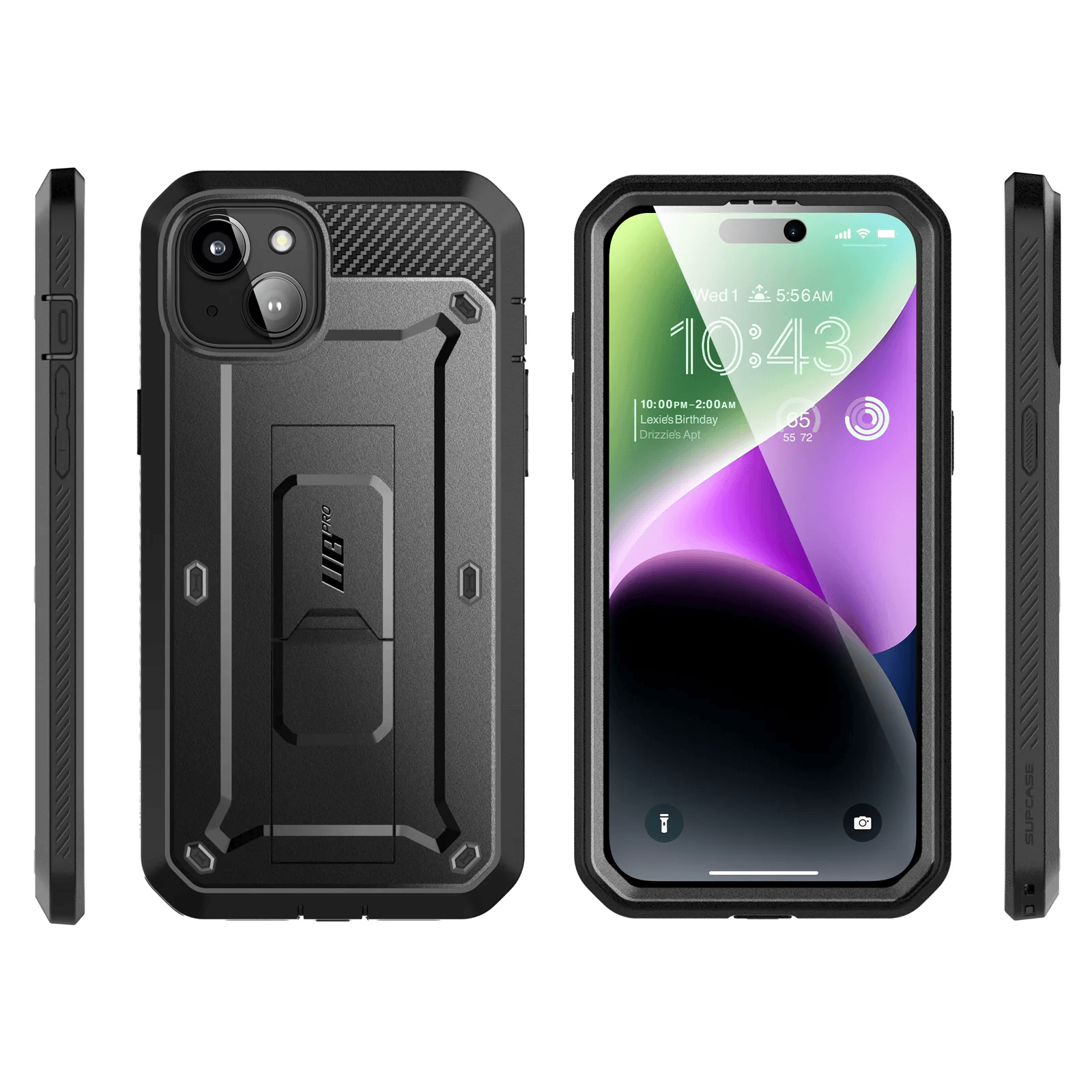 Schwarze Handyhülle mit Telefon, schwarzem Kamerabuckel und Ständer.
