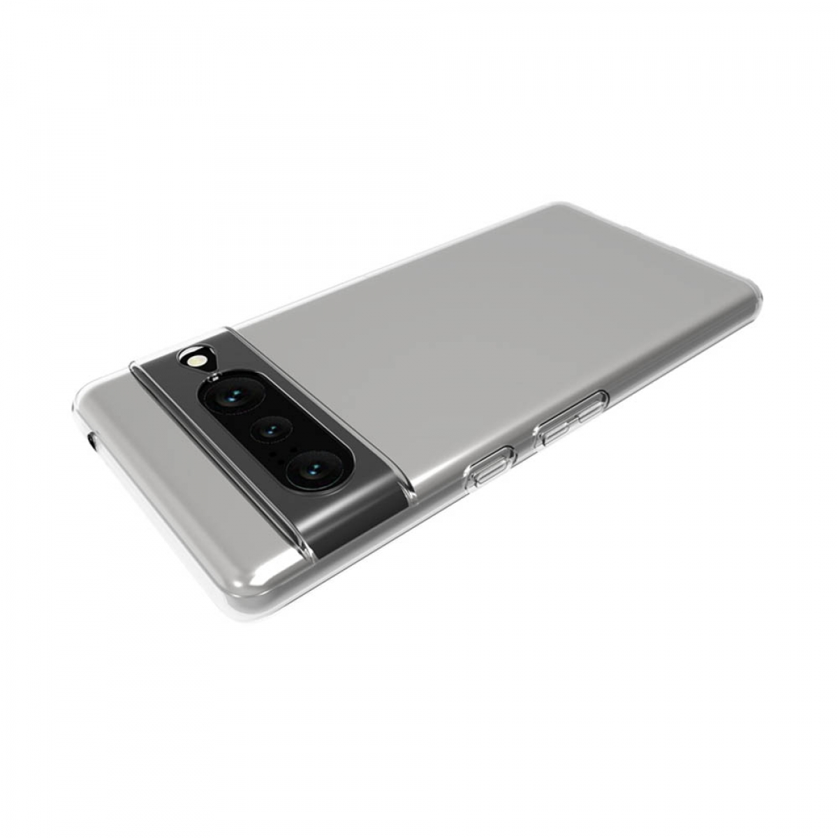 Ein silbernes Telefon mit klarer Hülle, abgewinkelt. Es hat eine Kameraleiste und eine transparente Hülle auf weißem Untergrund.