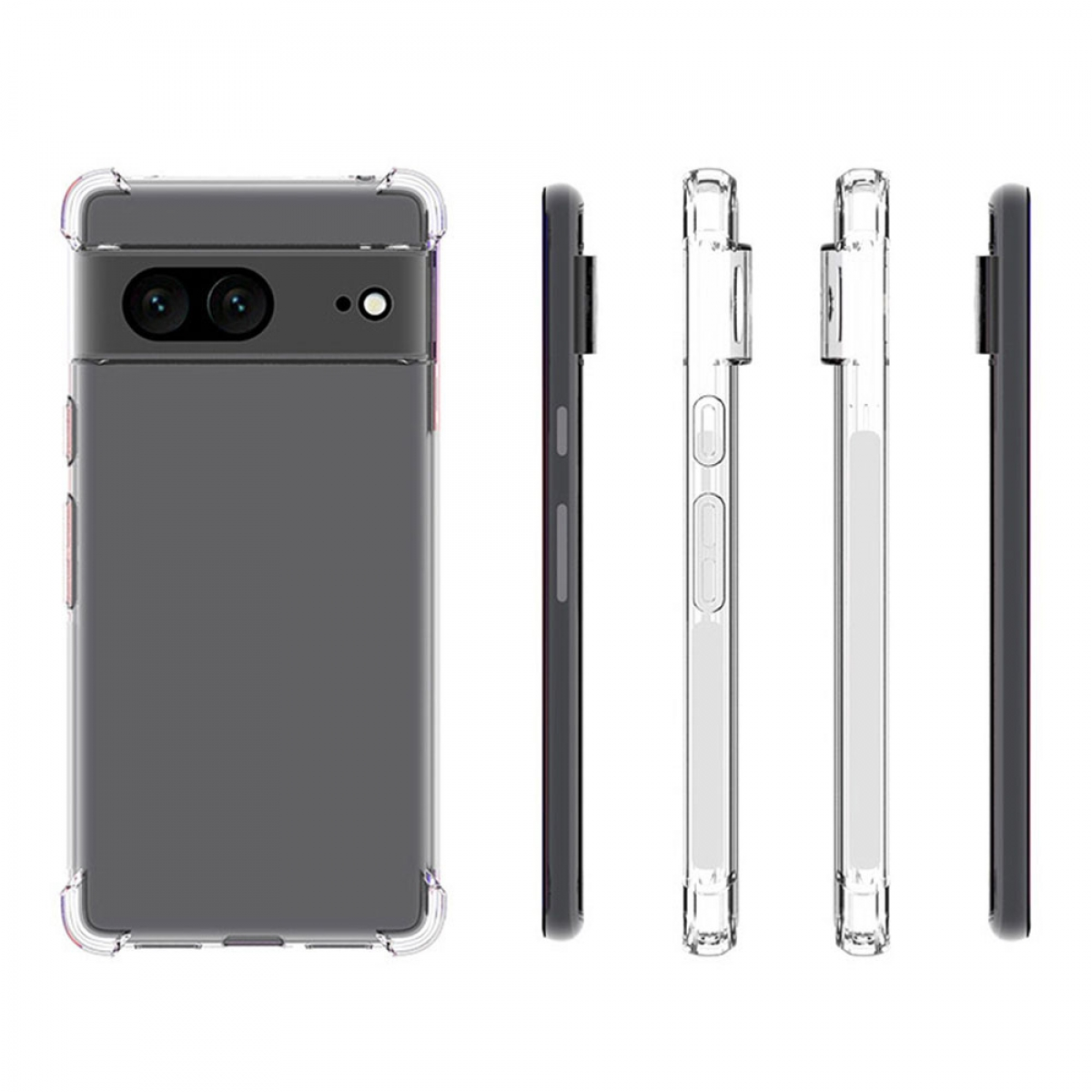 Telefon in einer Hülle, Seiten- und Frontansicht. Transparente Hülle mit grauem Telefon.