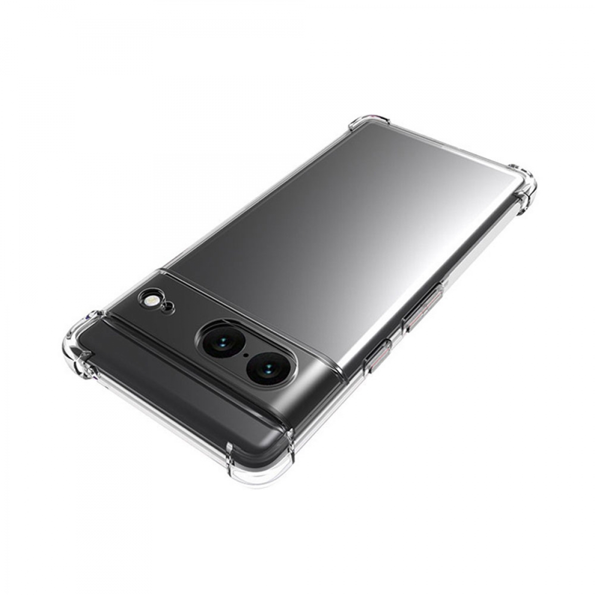 Transparente Handyhülle auf einem Handy. Das Handy hat zwei Kameras. Weißer Hintergrund.