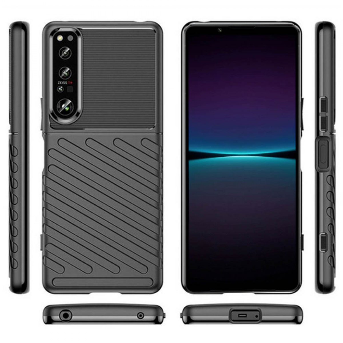 Schwarzes Telefon mit Hülle. Mehrere Winkel zeigen Vorder-, Rück- und Seitenansicht.