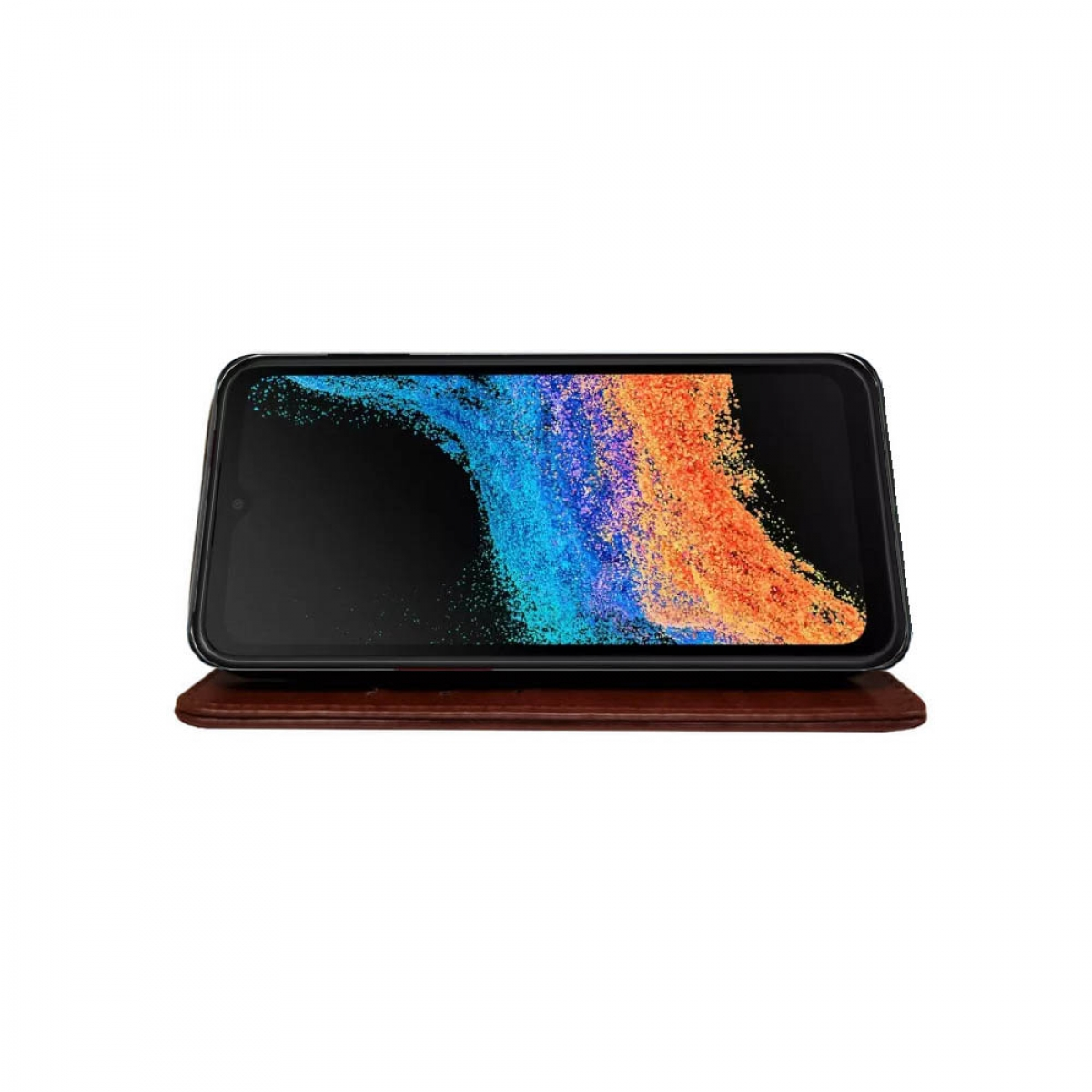 Ein schwarzes Smartphone, das ein abstraktes Design anzeigt, auf einer braunen Lederhülle liegend.