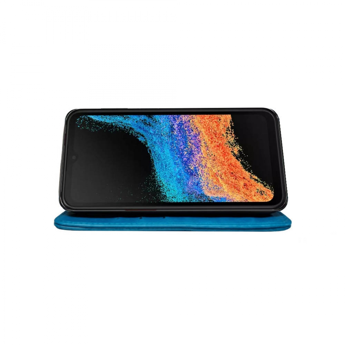 Ein Smartphone auf einem blauen Ständer, das ein farbenfrohes, abstraktes Bild zeigt.