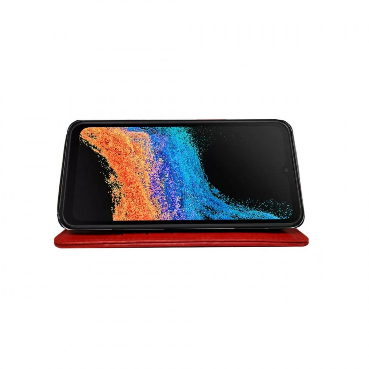 Telefon liegt auf rotem Case, Display zeigt farbenfrohe, abstrakte Kunst.