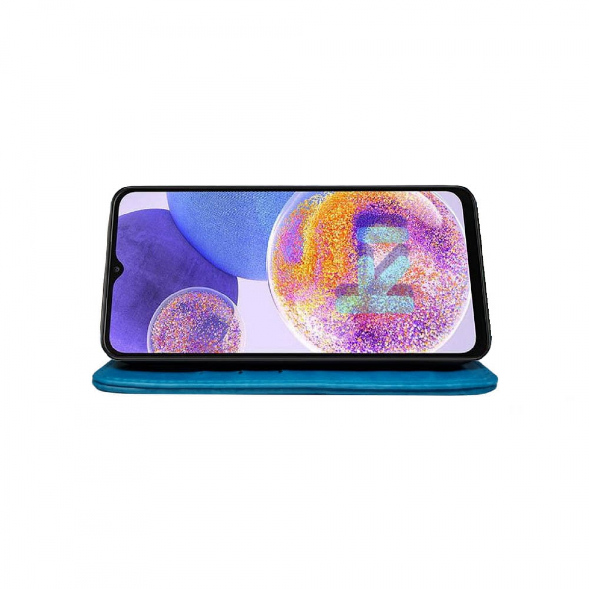 Ein Smartphone auf einem blauen Ständer. Der Bildschirm zeigt ein farbenfrohes, abstraktes digitales Kunstdesign.