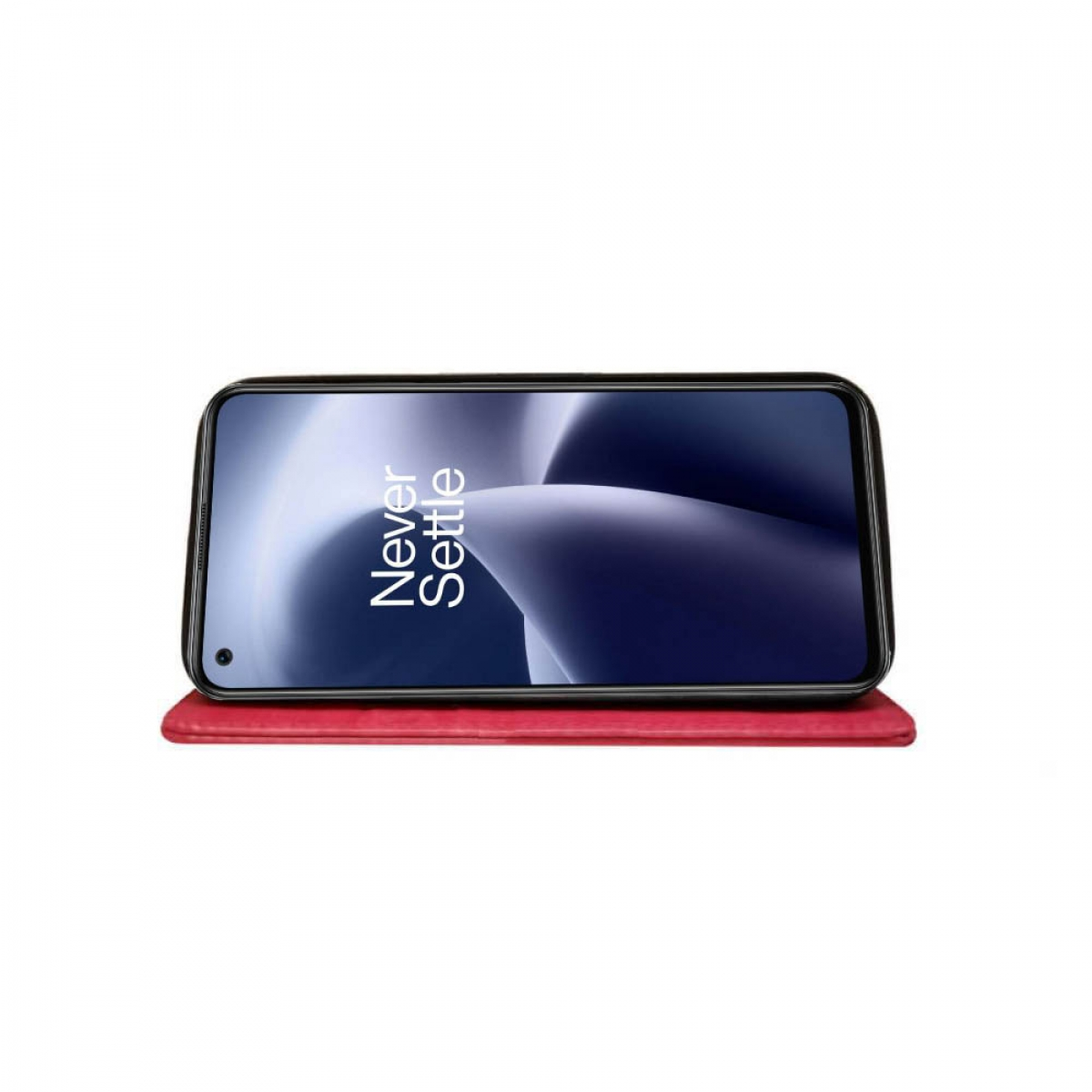 Schwarzes Smartphone auf roter Brieftasche. Bildschirm mit blau-weißem, abstraktem Design.