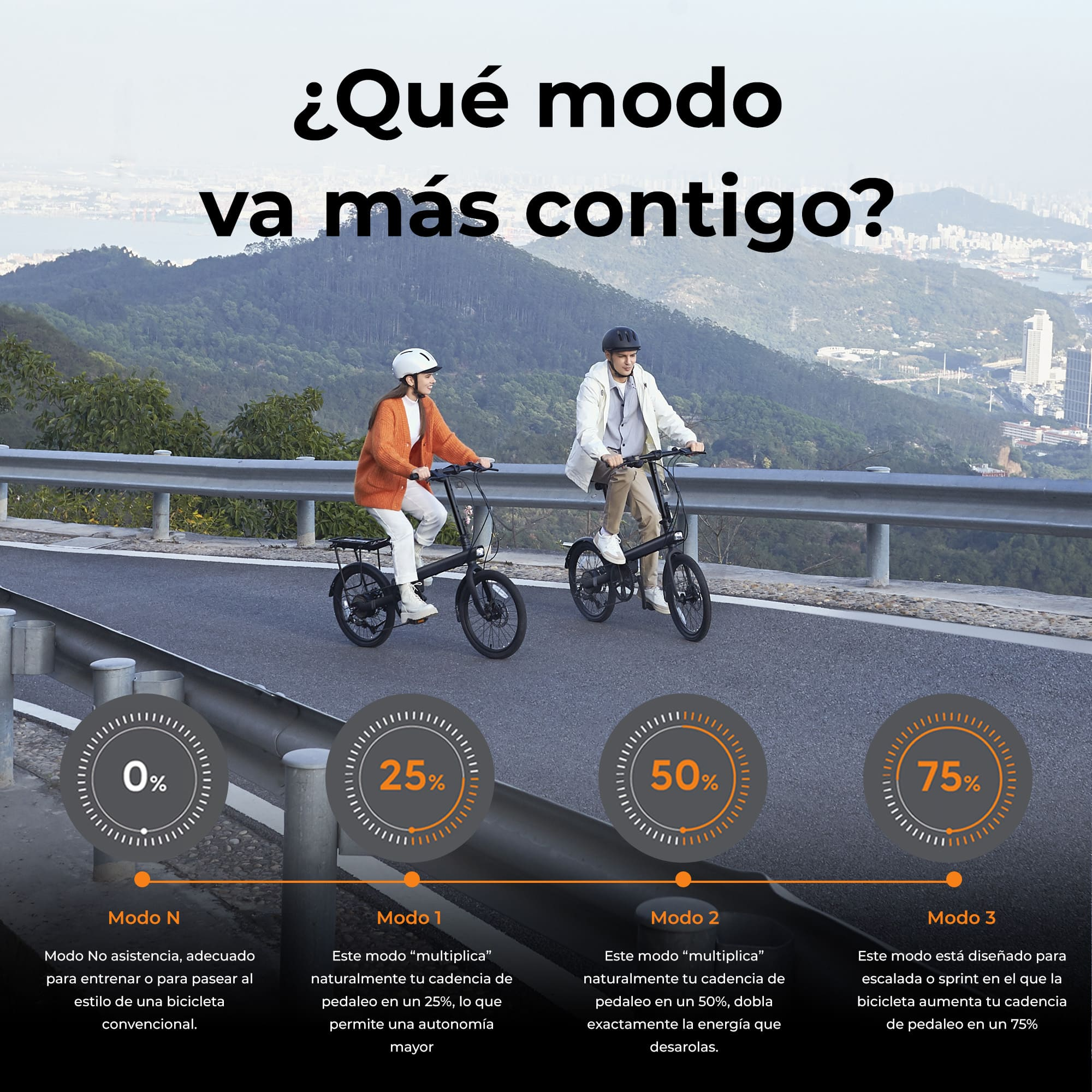 Dos personas montando bicicletas con diferentes modos de potencia en una carretera.